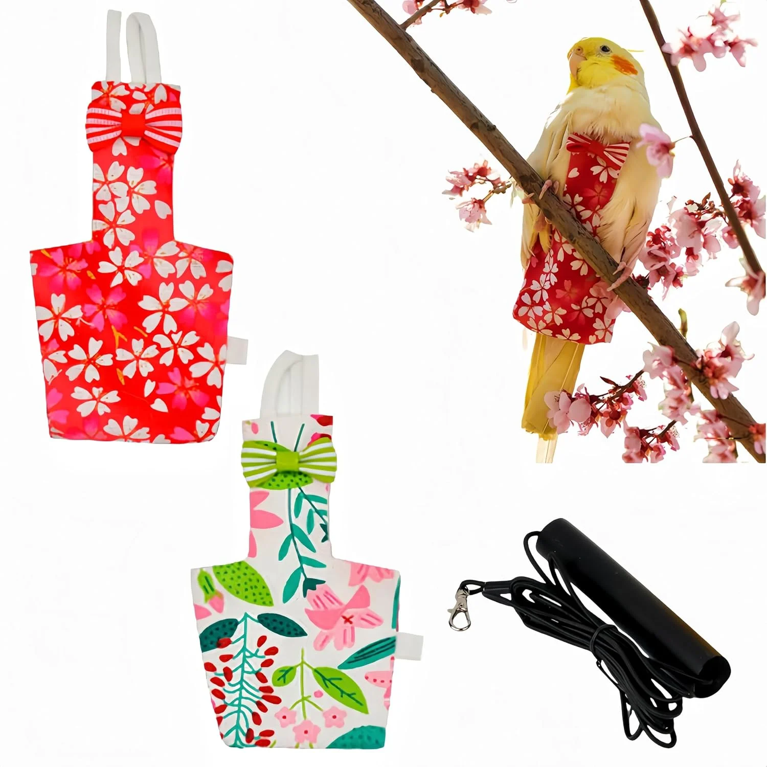 ست 2 عددی پوشک پرنده Magnoloran، لباس پرواز با افسار پرواز 80 اینچی، پوشک قابل استفاده مجدد طوطی با لایه داخلی ضد آب برای عروس هلندی، مرغ عشق، کانور، پاراکیت، مرغ عشق - قرمز و سفید