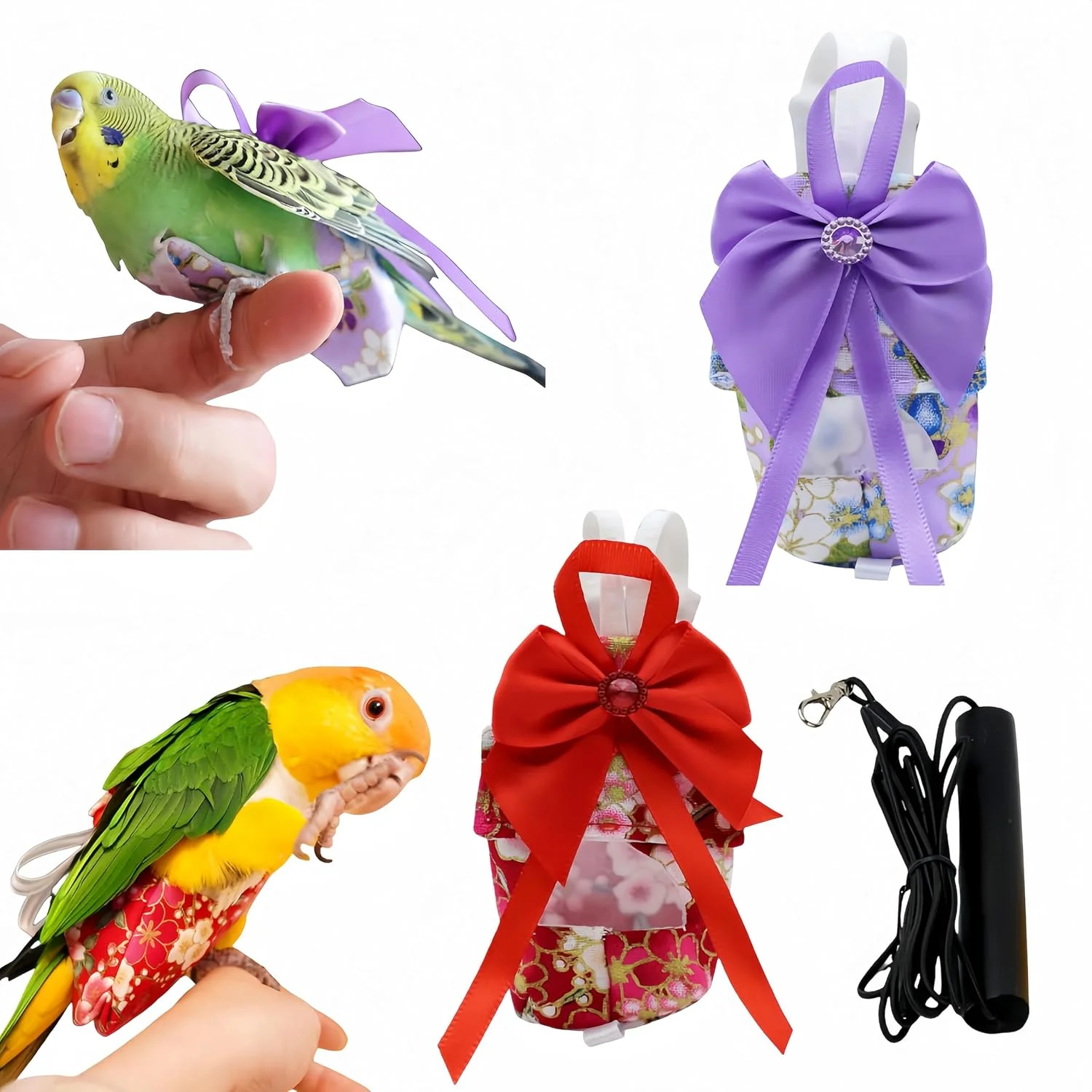 ست پوشک پرنده Magnoloran شامل 2 عدد پوشک پرنده، لباس پرواز و افسار پرواز 80 اینچی، پوشک قابل استفاده مجدد طوطی با لایه داخلی ضد آب برای کوکاتیل، مرغ عشق، کانور، پاراکیت، مرغ مینا - طرح شکوفه های گیلاس قرمز و بنفش