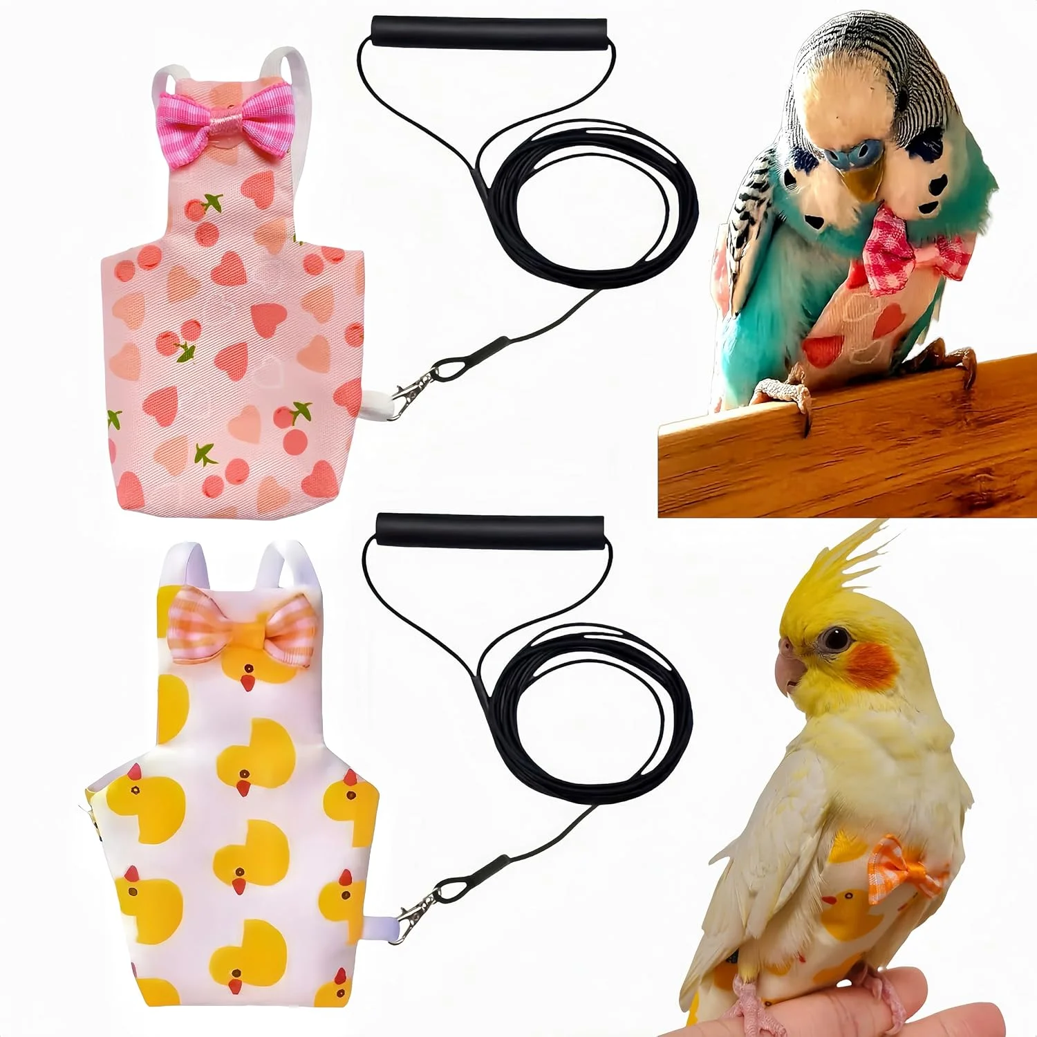 ست پوشک پرنده و افسار پرواز Magnoloran، شامل 2 عدد پوشک پرنده، 2 عدد افسار پرواز 80 اینچی، لباس پرواز، شلوار مخصوص کبوتر، مناسب برای کوکاتیل، کانور، ماکائو، باجریگار و پاراکیت - طرح قلب و اردک