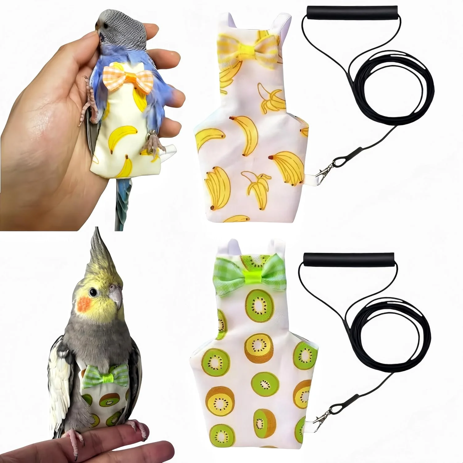 ست پوشک پرنده Magnoloran شامل 2 عدد پوشک پرنده، لباس پرواز و 2 عدد افسار پرواز 80 اینچی، شلوار پوشک طوطی، لباس ادرار برای کوکاتیل، کانور، ماکائو، باجریگار و پاراکیت - کیوی و موز