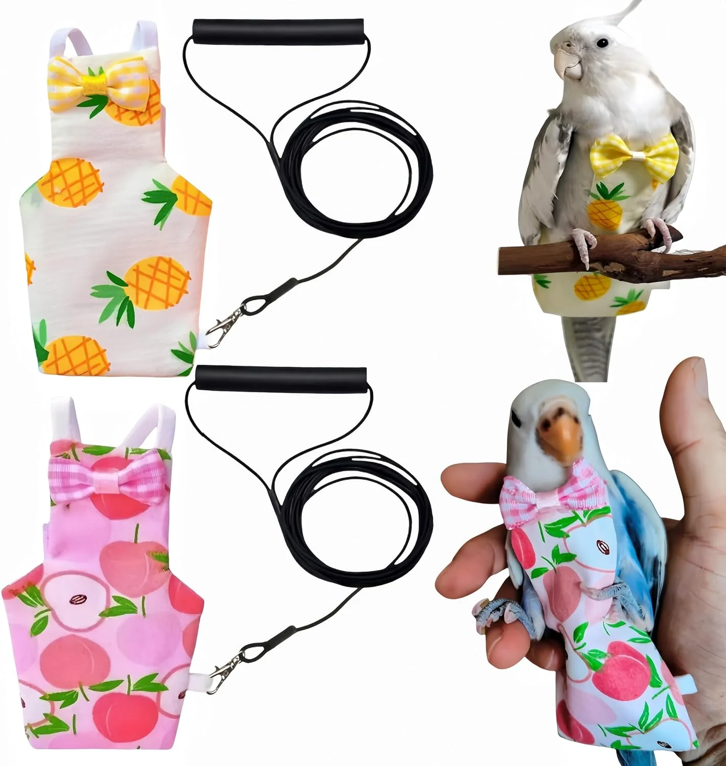 ست پوشک پرنده Magnoloran، شامل 2 عدد پوشک پرنده، لباس پرواز و 2 عدد افسار پرواز 80 اینچی، شورت پوشکی طوطی، شلوار کبوتر، مناسب برای کوکاتیل، کانور، ماکائو، باجی و پاراکیت - طرح سیب و آناناس