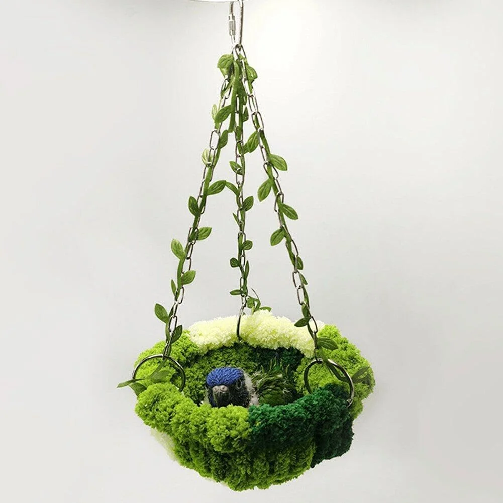 بسته 2 عددی اسباب بازی لانه تاب طوطی با زنگوله، لوازم جانبی قفس لانه حصیری آویز پرنده برای طوطی برزیلی، عروس هلندی، فنچ، پرندگان کوچک، طناب طبیعی و دکور برگ