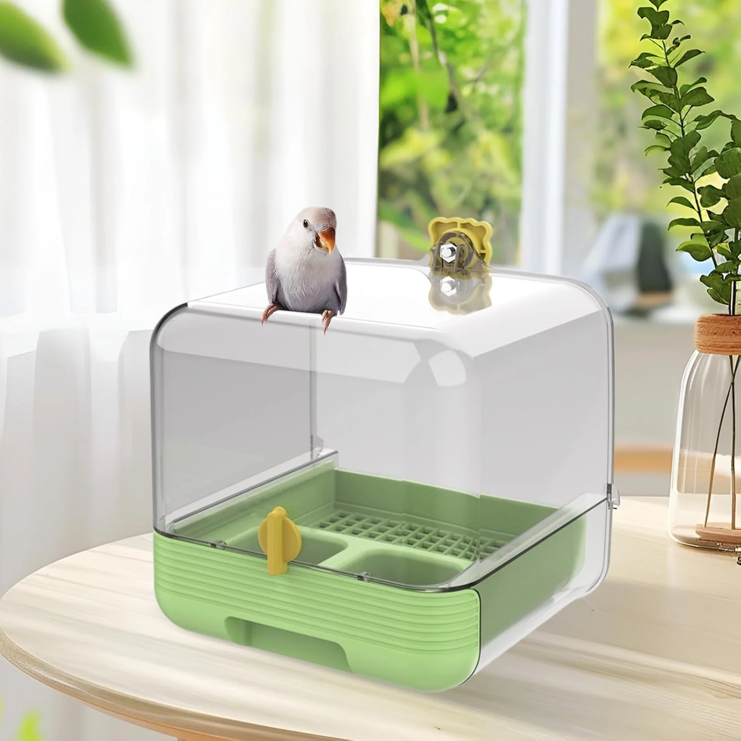 حمام پرنده طوطی، خوراک دهنده کشویی کوکاتیل، وان شفاف با قابلیت تمیز کردن سریع، کاسه 2 در 1 برای حیوانات خانگی در داخل حیاط، باغ، عرشه