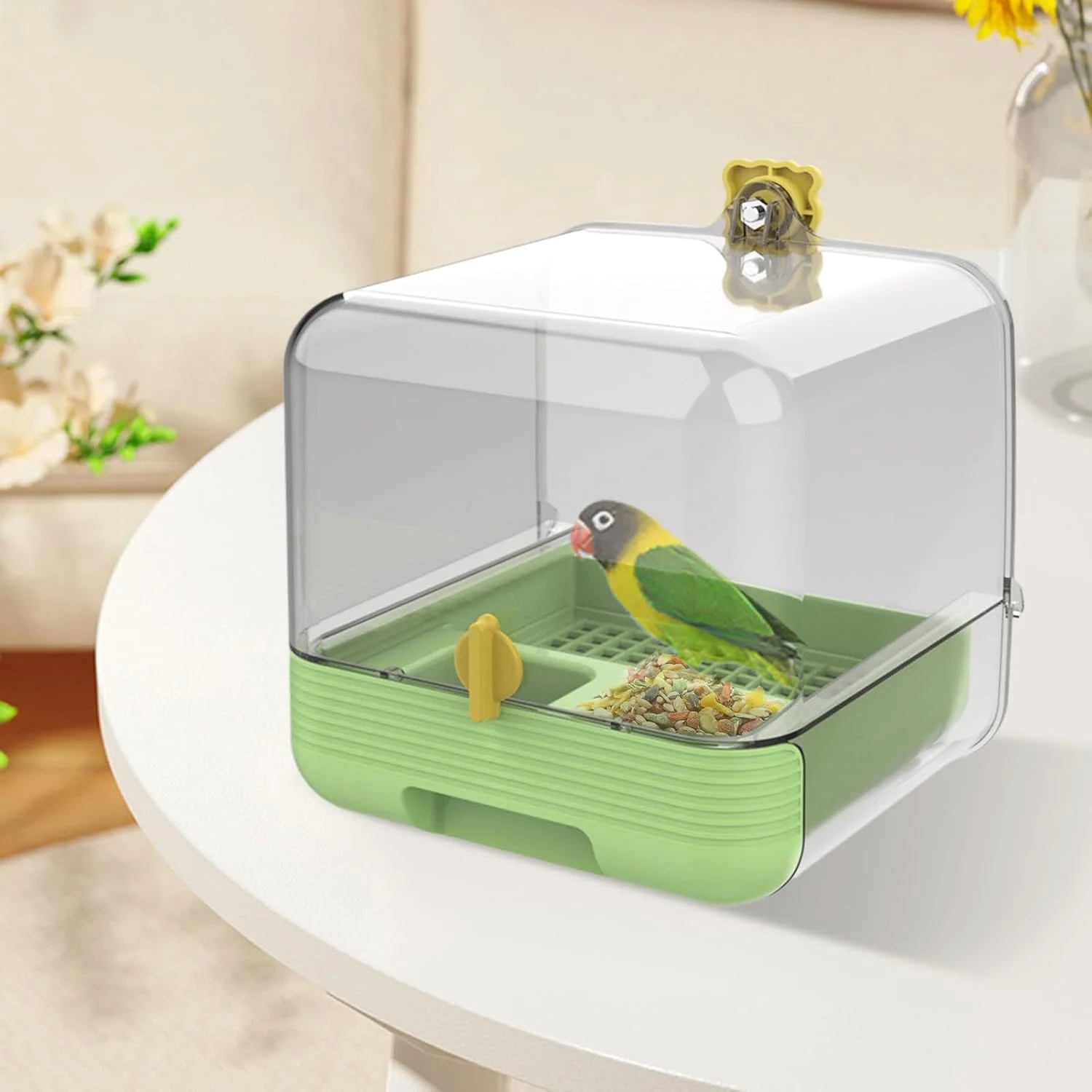 حمام پرنده طوطی، خوراک دهنده کشویی کوکاتیل، وان شفاف با قابلیت تمیز کردن سریع، کاسه 2 در 1 برای حیوانات خانگی در داخل حیاط، باغ، عرشه