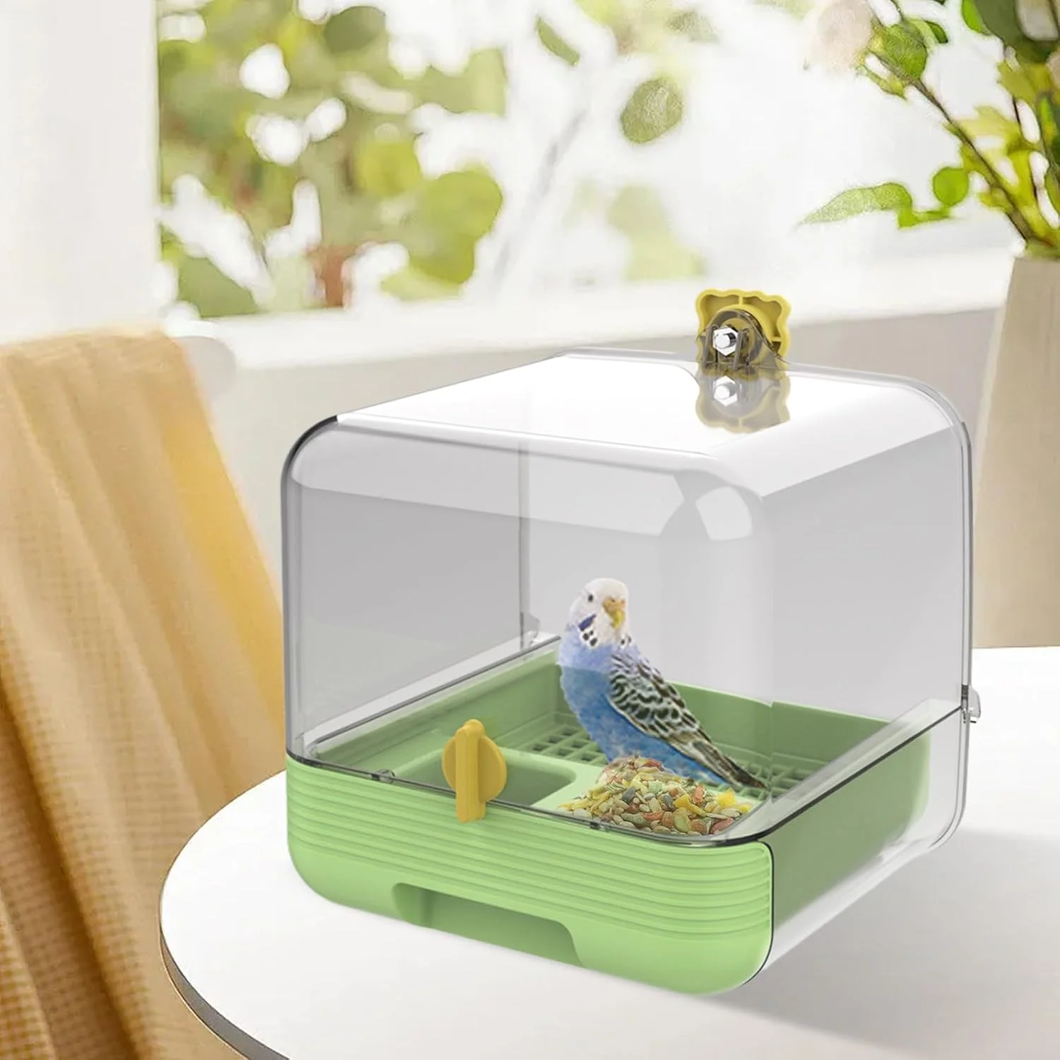 حمام پرنده طوطی - خوراک دهنده کشویی طوطی - حمام شفاف 2 در 1 با قابلیت تمیز کردن سریع برای حیاط، فضای باز، پاسیو، داخل خانه، حیوانات خانگی