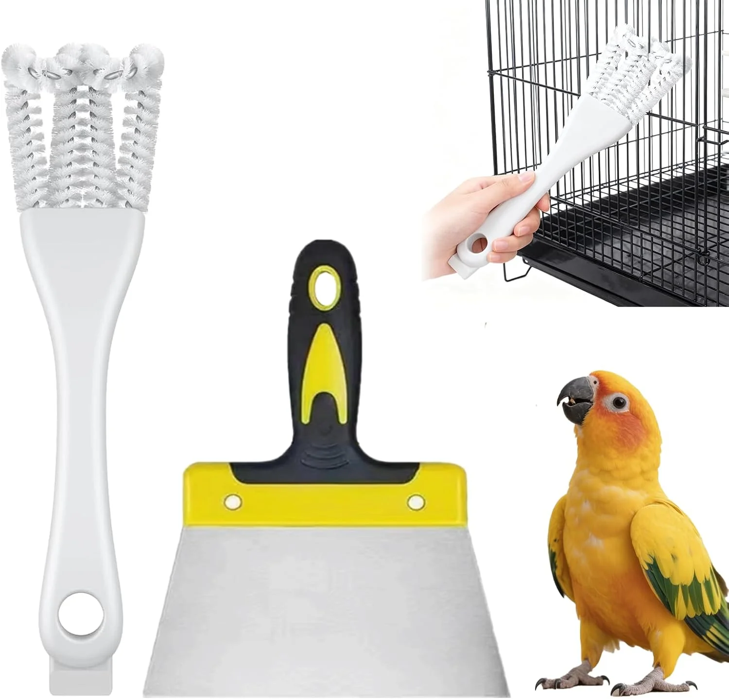 WQY GroceryShop ست 2 عددی کیت تمیز کننده قفس پرنده شامل کاردک فلزی و برس، تمیز کننده قفس پرنده برای تمیز کردن لانه ها، میله ها، پاک کننده مدفوع طوطی، مرغ عشق، لوازم جانبی قفس حیوانات خانگی