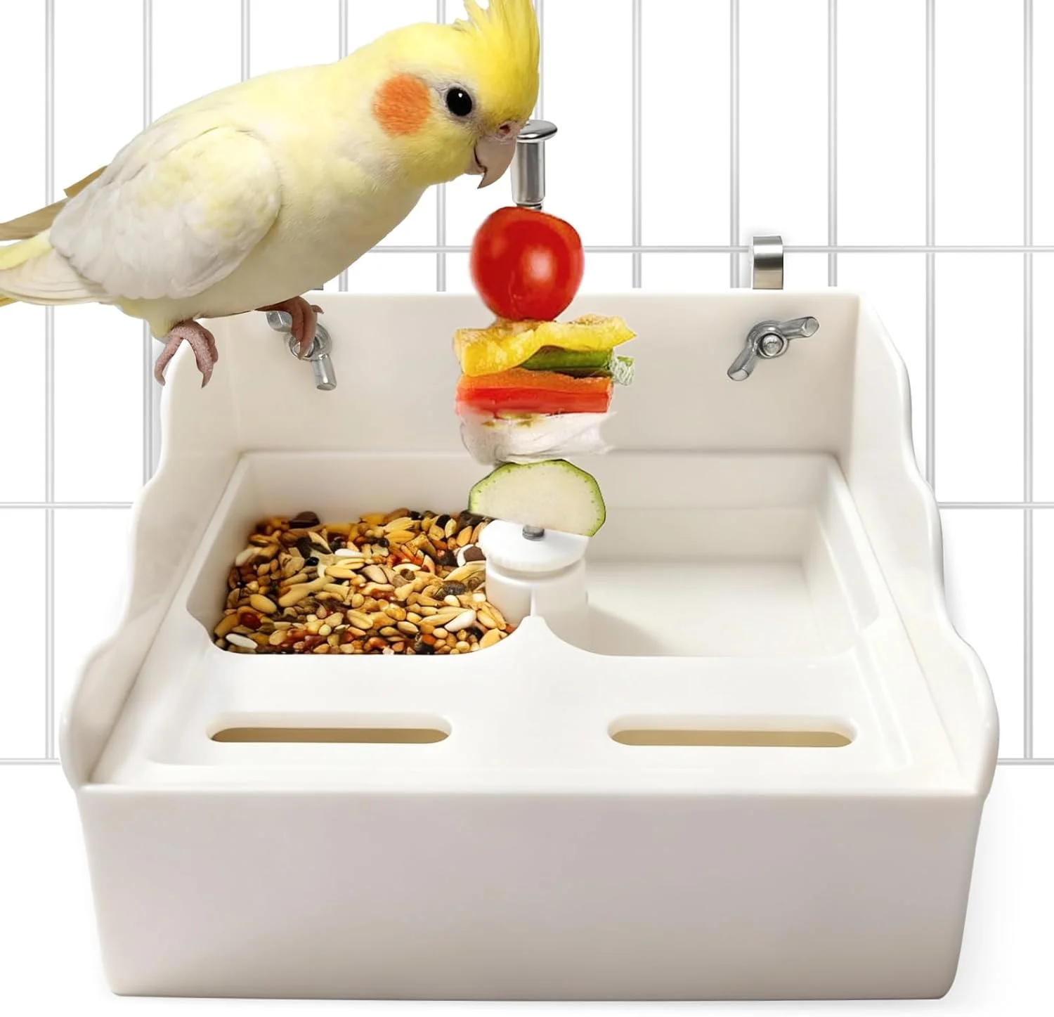 ظرف غذای 3 در 1 پرنده برای قفس، آبخوری حیوانات خانگی و نگهدارنده غذا سیخ میوه و سبزیجات طوطی، حمام پرنده برای قفس، ایده آل برای طوطی های کوچک و متوسط، کانورها، مرغ عشق