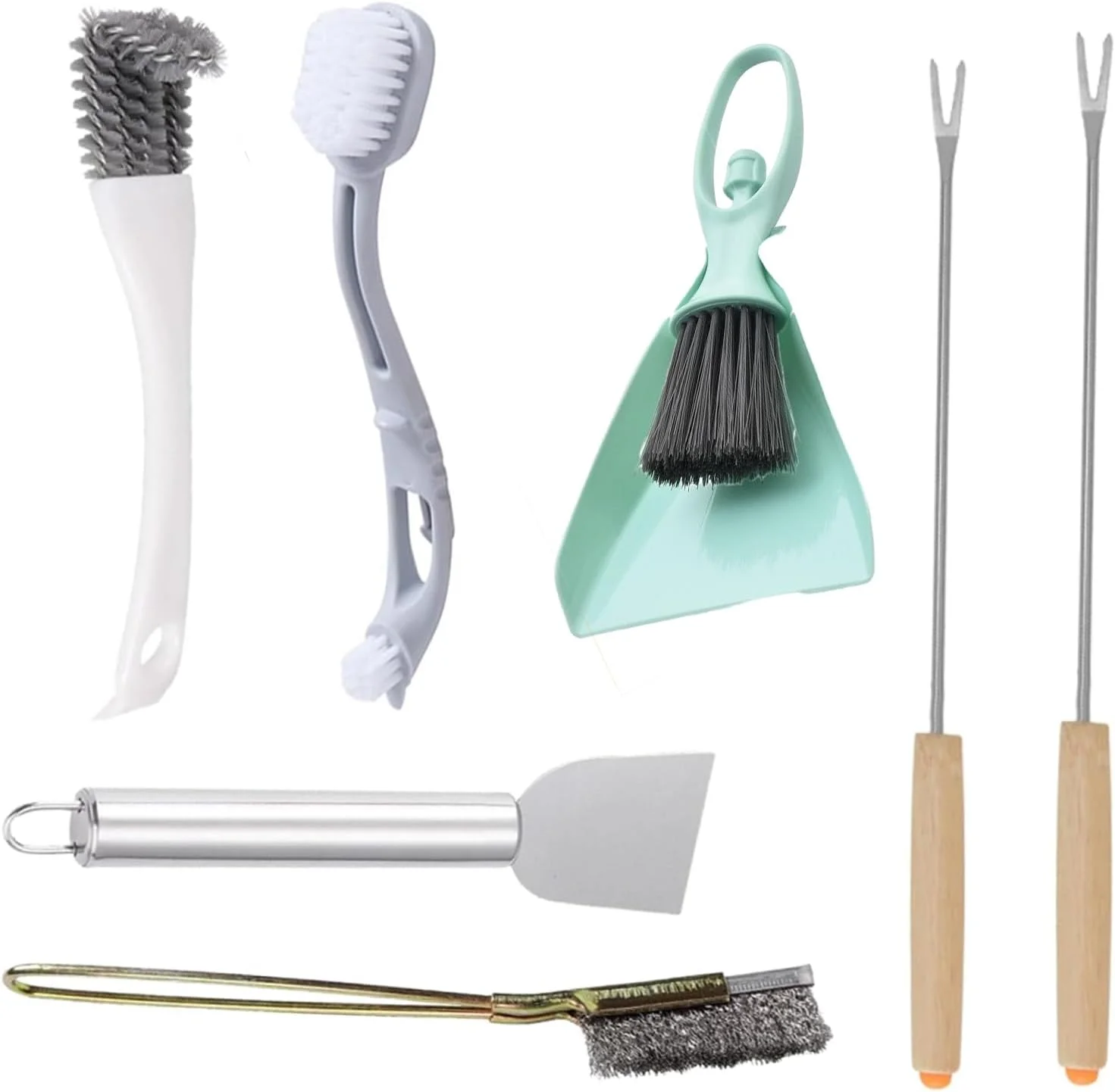 ست تمیز کننده قفس پرنده 7 تکه JJunLiM - ست تمیز کننده عمیق با برس دسته بلند، کاردک و جارو کوچک برای استفاده آسان به عنوان پاک کننده مدفوع و لوازم مراقبت از قفس