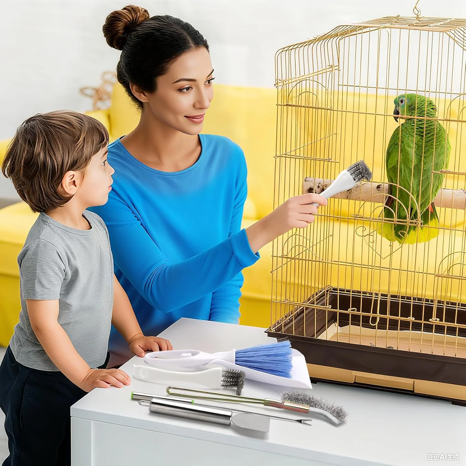 ست تمیز کننده قفس پرنده پلاس 6 تکه، پاک کننده فضولات پرنده، لوازم جانبی تمیز کننده قفس پرنده، محلول تمیز کننده کامل برای پرندگان و حیوانات خانگی کوچک