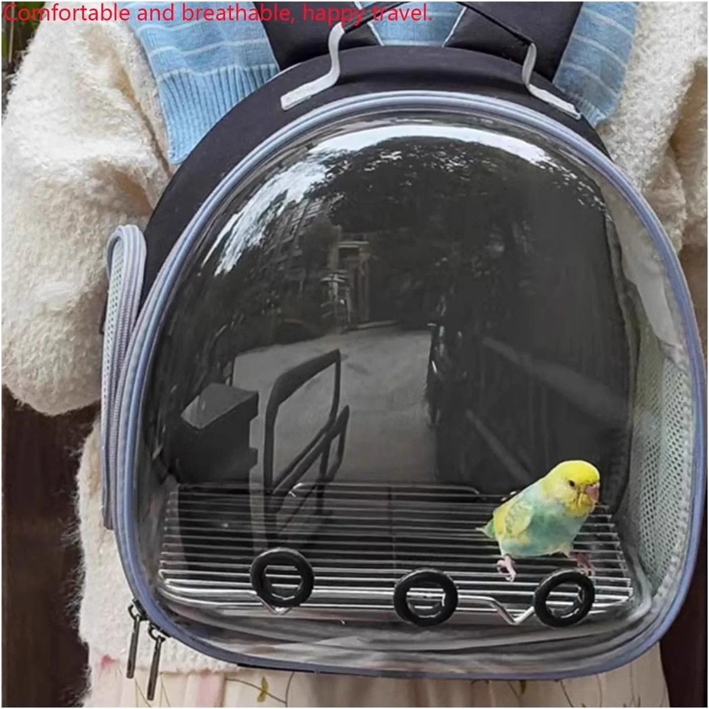 کیف حمل پرنده دوشی دوبل طوطی، کوله پشتی شفاف قفس پرنده، کیف مسافرتی قفس پرنده برای حیوانات خانگی (Grigio)