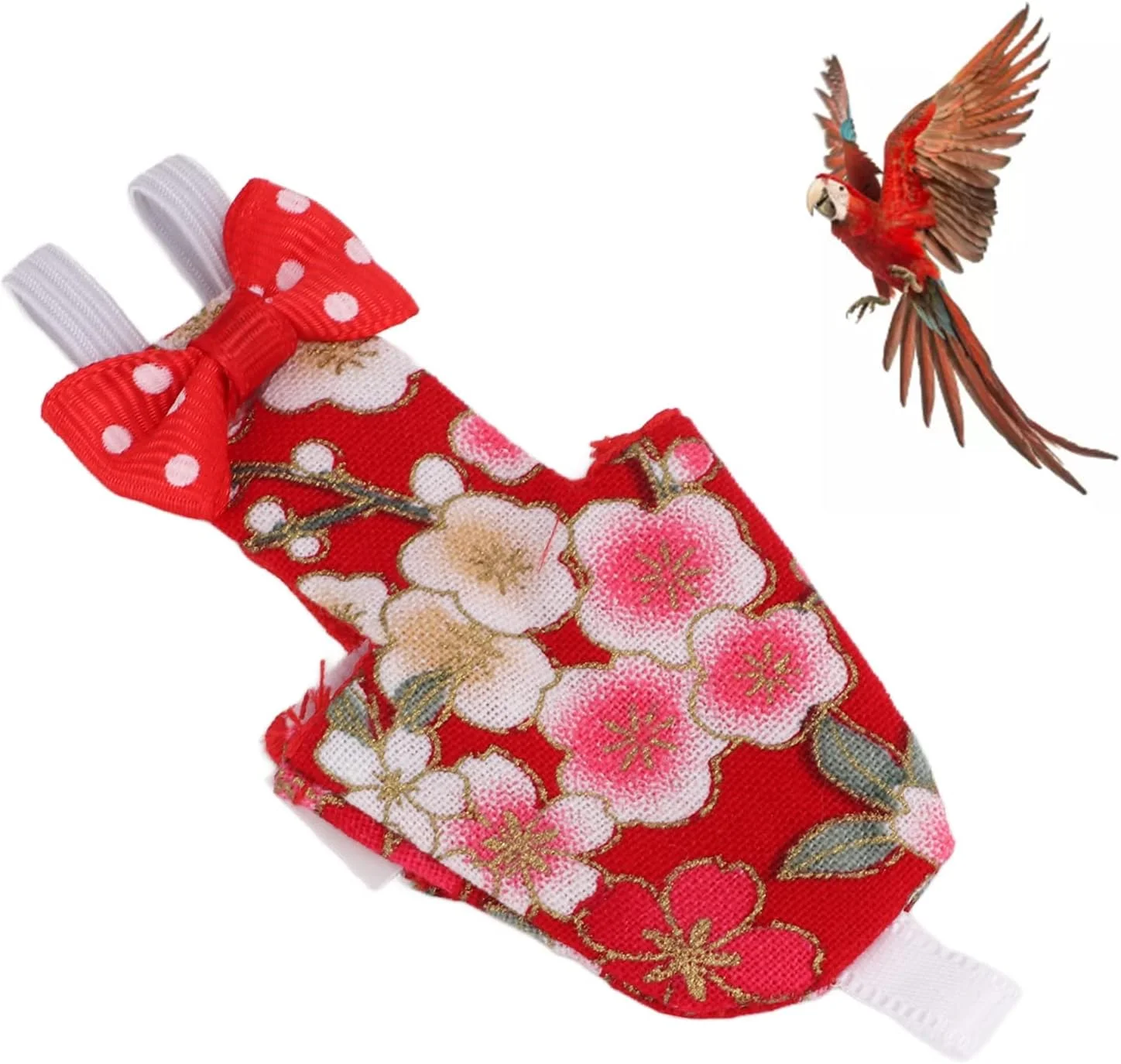 لباس پرواز طوطی، پوشک پرنده پارچه ای نخی مناسب ماکائو و عروس هلندی (سایز S طرح شکوفه گیلاس قرمز)