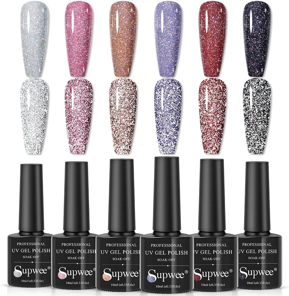 ست لاک ژل اکلیلی بازتابنده SUPWEE، لاک ژل ناخن هولوگرافیک براق و درخشان، لاک ژل ناخن الماسی دیسکو برای مانیکور مهمانی، لاک ژل UV Soak Off، 6 رنگ 10 میلی لیتر (0.33 fl oz)