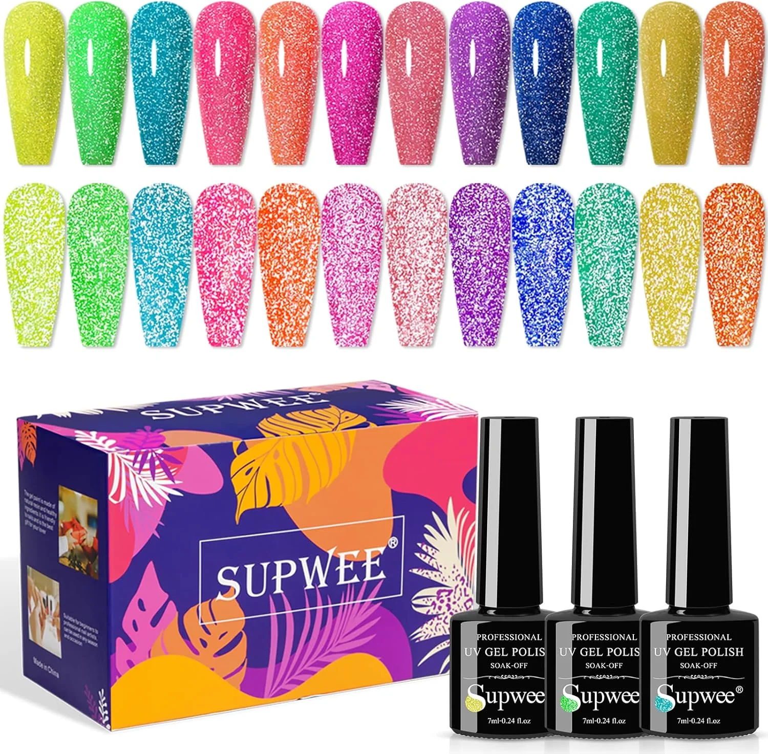 لاک ژل اکلیلی بازتابنده نئونی SUPWEE - ست لاک ژل فلورسنت و دیسکو در رنگ های نئون زرد، سبز، صورتی چرک، نارنجی - خیساندن ژل UV