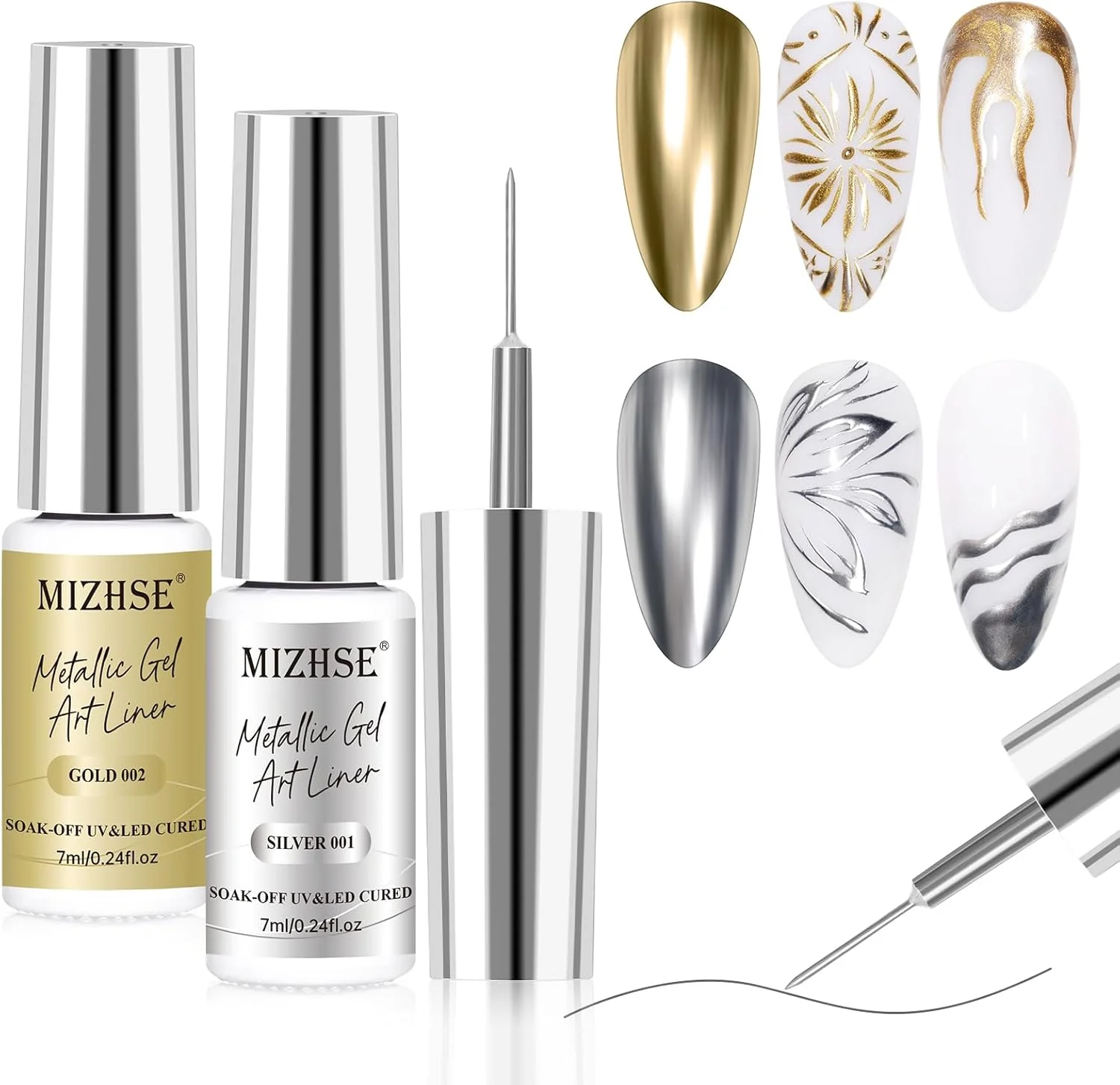 ژل طراحی ناخن متالیک MIZHSE - 2 رنگ ژل طراحی نقره ای، ژل طراحی طلایی ژل طراحی ناخن متالیک MIZHSE - 2 رنگ ژل طراحی نقره ای، ژل طراحی طلایی