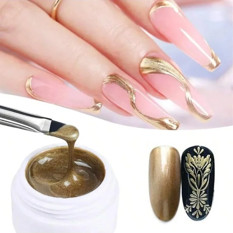 ژل طراحی ناخن متالیک، لاک ناخن هولوگرافیک، آینه فلزی بازتابنده برای طراحی ناخن، لاک ژل طلایی، رنگدانه های مانیکور براق سه بعدی با جلوه آینه فلزی (طلایی، متوسط)