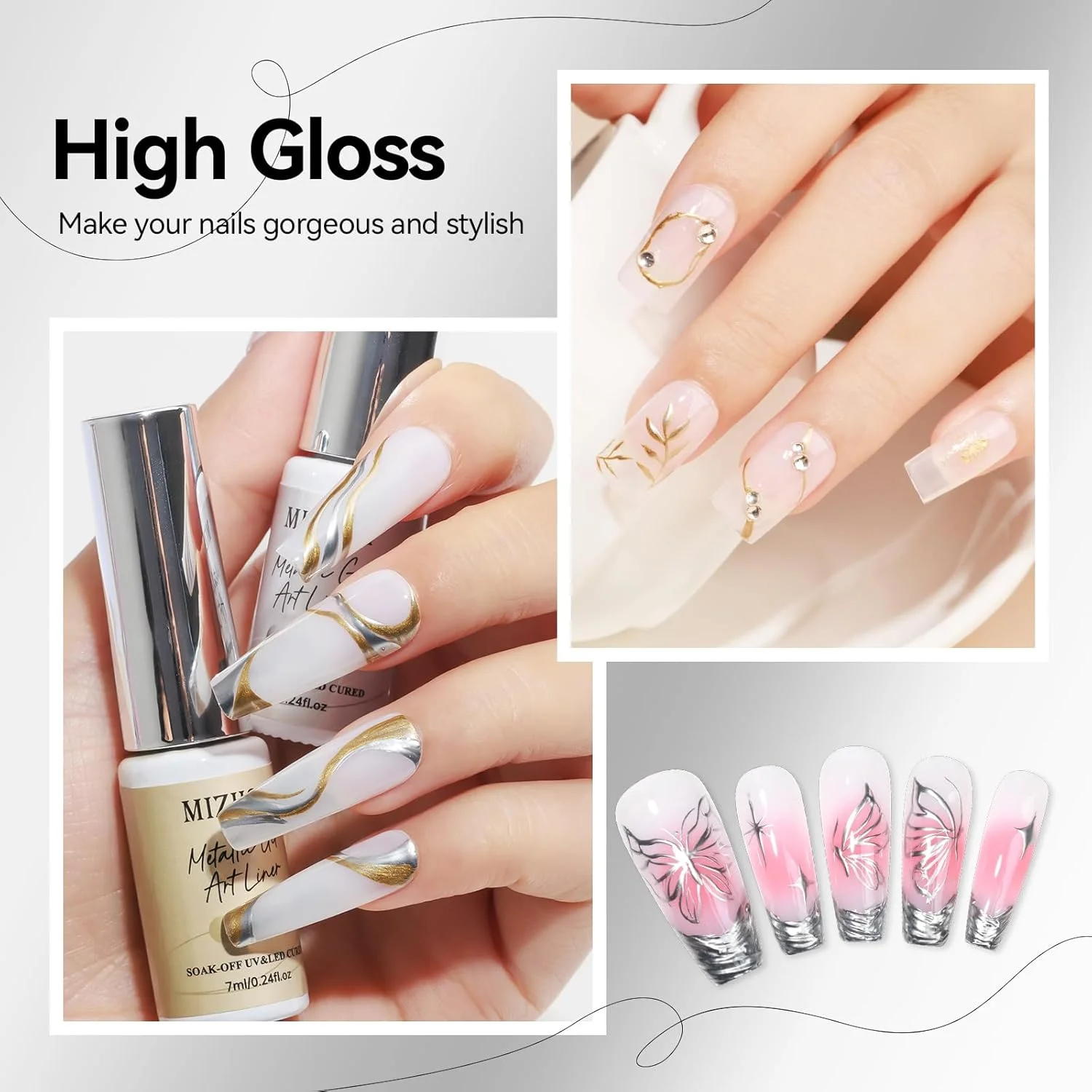 ژل طراحی ناخن متالیک MIZHSE - 2 رنگ ژل طراحی نقره ای، ژل طراحی طلایی