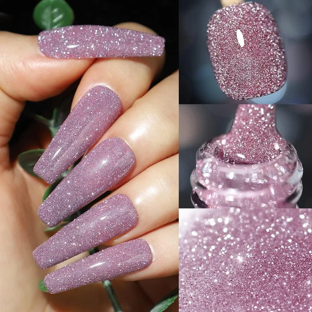 لاک ژل ناخن الماسی MIZHSE، ست لاک ژل اکلیلی بازتابنده، لاک ژل ناخن صورتی براق و درخشان، مناسب برای طراحی ناخن در خانه برای مبتدیان