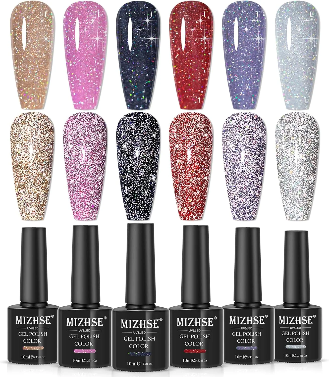لاک ژل اکلیلی بازتابنده MIZHSE، ست لاک ژل اکلیلی هولوگرافیک براق و درخشان، لاک ژل خیساندنی UV/LED، کیت مانیکور طراحی ناخن