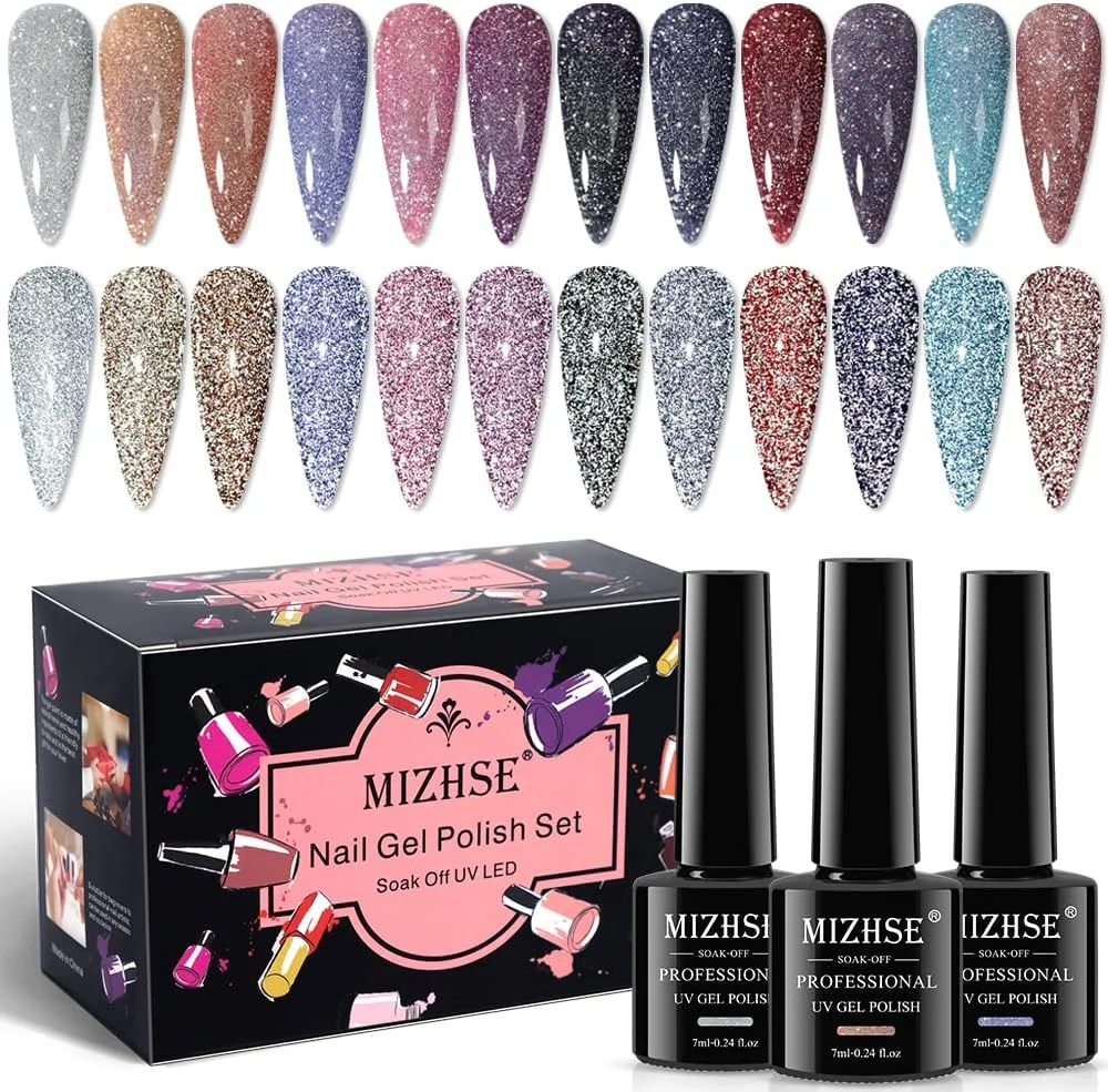 ست لاک ژل اکلیلی بازتابنده MIZHSE، ۱۲ عدد لاک ژل UV LED رنگارنگ و درخشان، مناسب برای مانیکور خانگی، طراحی ناخن سالنی، ۷ میلی لیتر