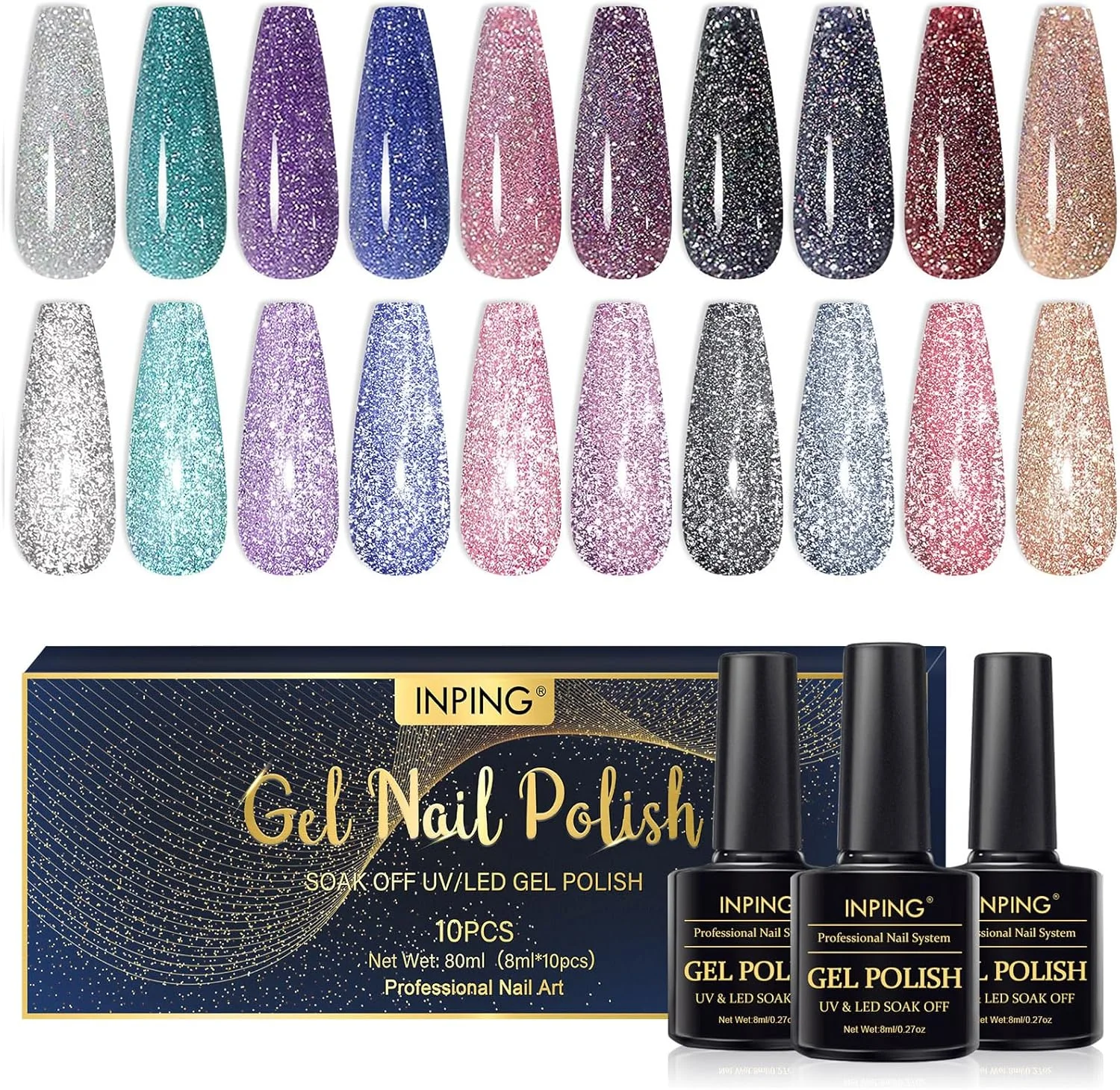 ست لاک ژل ناخن UV اینپینگ، 10 عدد لاک ژل اکلیلی بازتابنده، نقره ای آبی سبز بنفش رز مشکی سرمه ای قرمز درخشان الماسی برای طراحی ناخن دیسکو دی جی مانیکور سالن