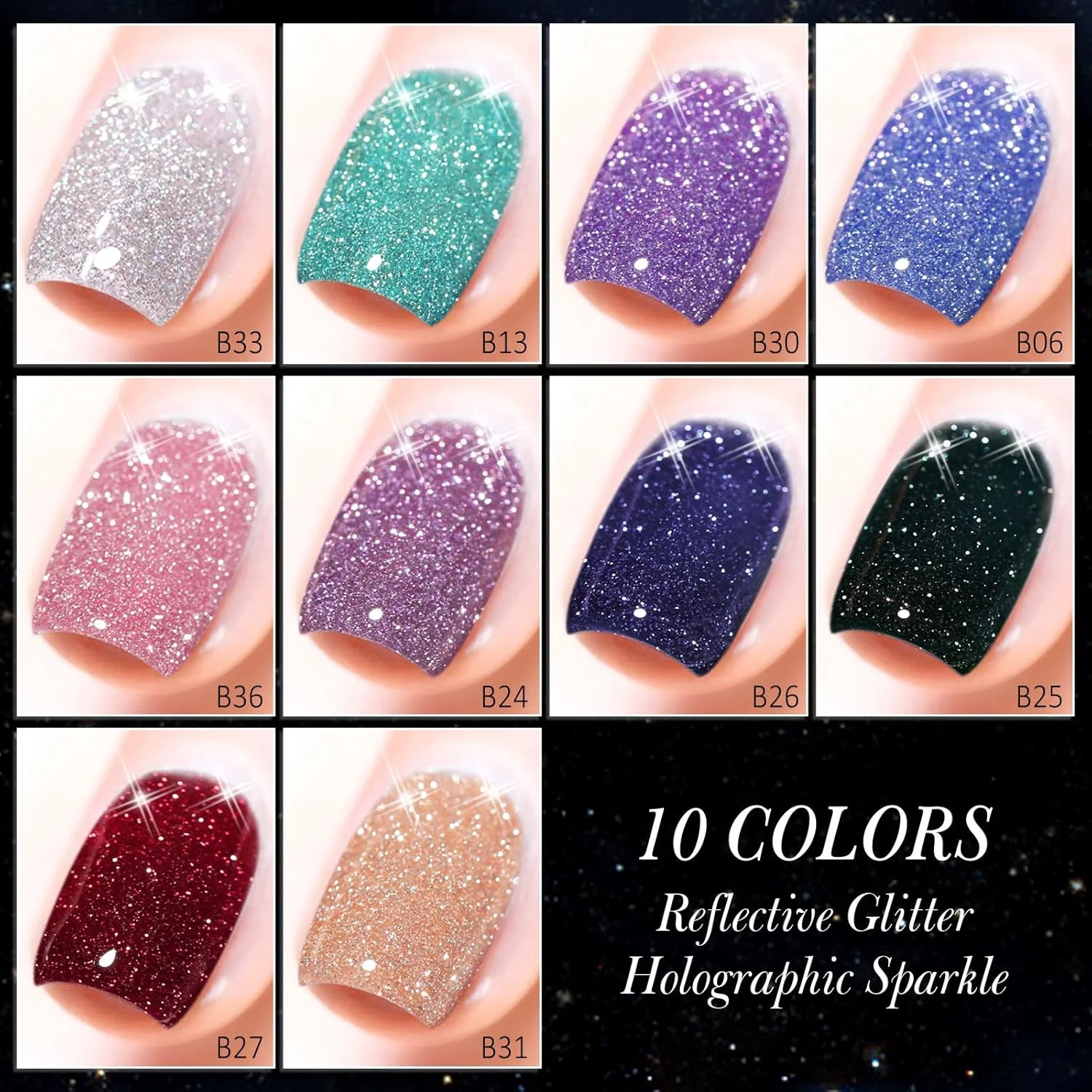 ست لاک ژل ناخن UV اینپینگ، 10 عدد لاک ژل اکلیلی بازتابنده، نقره ای آبی سبز بنفش رز مشکی سرمه ای قرمز درخشان الماسی برای طراحی ناخن دیسکو دی جی مانیکور سالن