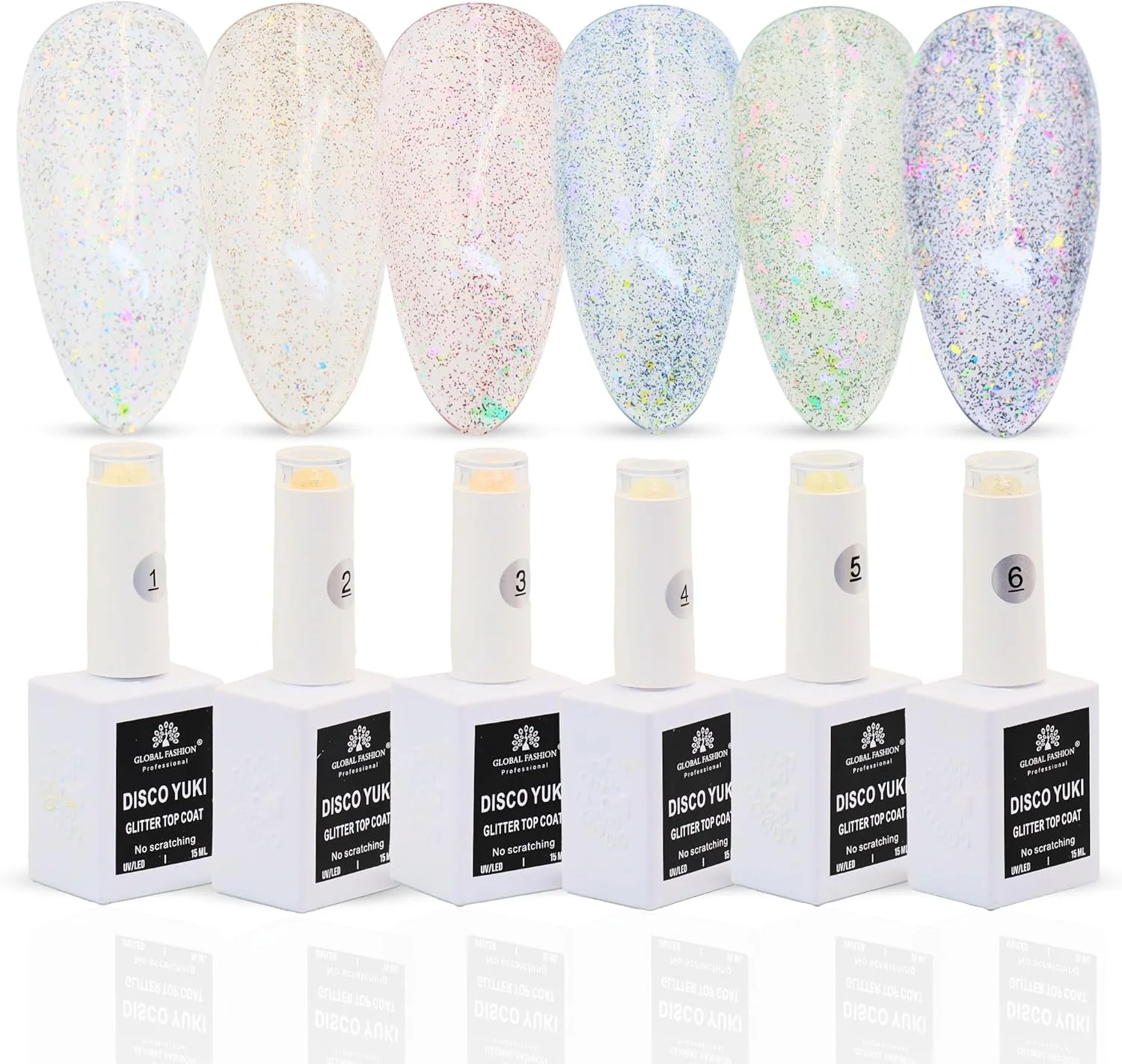 تاپ کت درخشان الماس کریستالی دیسکو یوکی، لاک ژل UV/LED، پوشش براق ماندگار بدون نیاز به پاک کردن، مقاوم در برابر لب پر شدن، درخشش ناخن 15 میلی لیتری برای ناخن های طبیعی و اکریلیک (مجموعه 6 رنگ کریستال دیسکو یوکی، 15 میلی لیتر)
