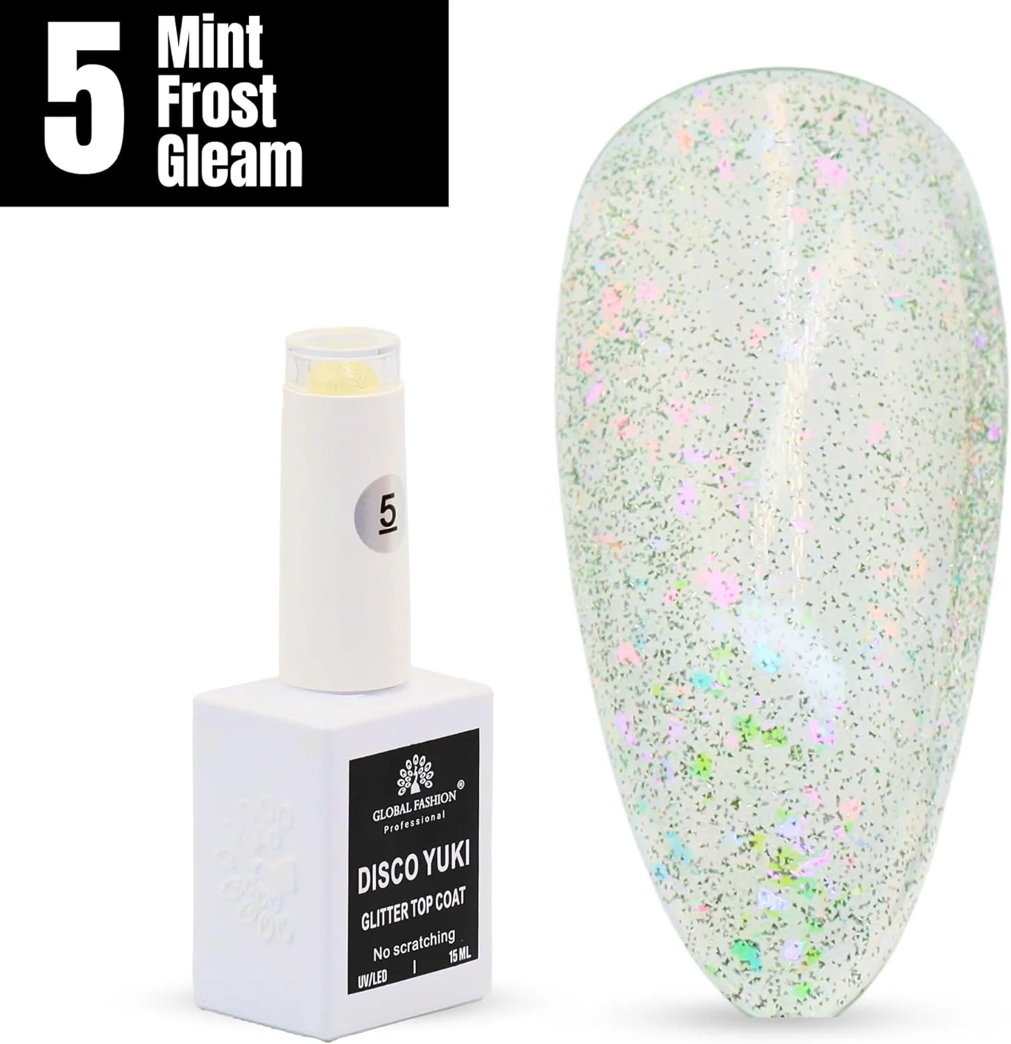 لاک ژل تاپ کت دیزکو یوکی کریستال دیاموند گلو، پولیش ژلی یو وی/ال ای دی، ماندگاری بالا بدون نیاز به پاک کردن، مقاوم در برابر لب پر شدن، درخشش ناخن 15 میلی لیتری برای ناخن های طبیعی و اکریلیک (5: Mint Frost Gleam، 15ml)