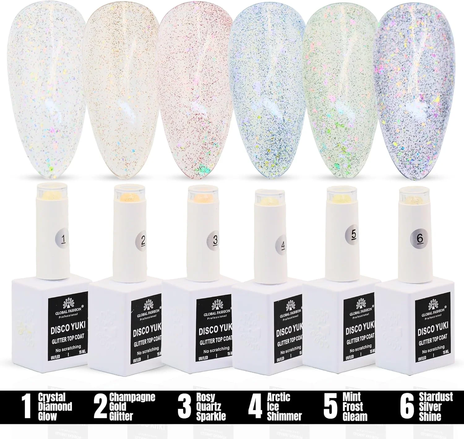 تاپ کت درخشان الماس کریستالی دیسکو یوکی، لاک ژل UV/LED، پوشش براق ماندگار بدون نیاز به پاک کردن، مقاوم در برابر لب پر شدن، درخشش ناخن 15 میلی لیتری برای ناخن های طبیعی و اکریلیک (مجموعه 6 رنگ کریستال دیسکو یوکی، 15 میلی لیتر)