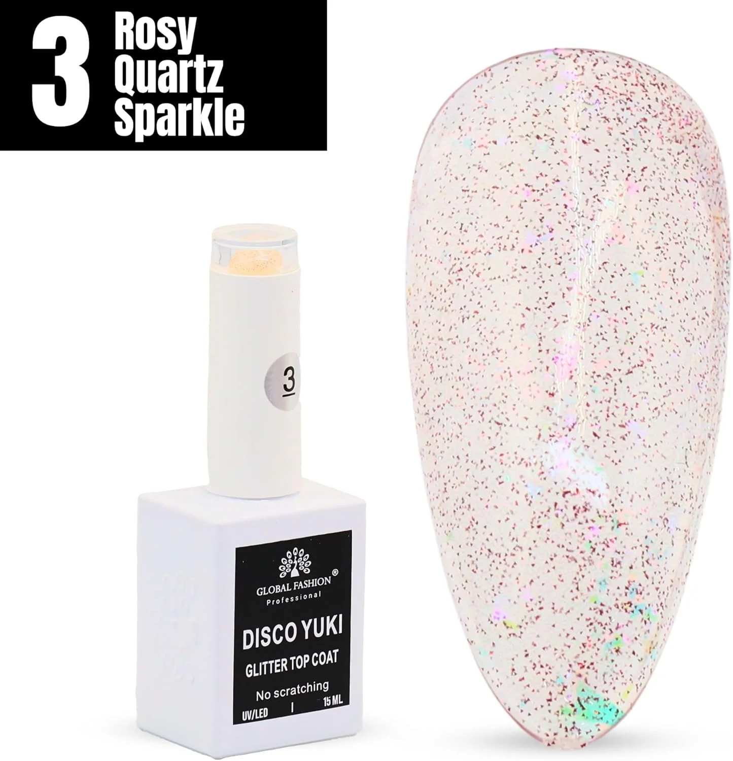 تاپ کت دیزکو یوکی کریستال دایموند گلو، لاک ژل یو وی/ال ای دی، پوشش براق بدون نیاز به دستمال کشیدن، مناسب برای ناخن های طبیعی و اکریلیک (3: رزی کوارتز اسپارکل، 15 میلی لیتر)