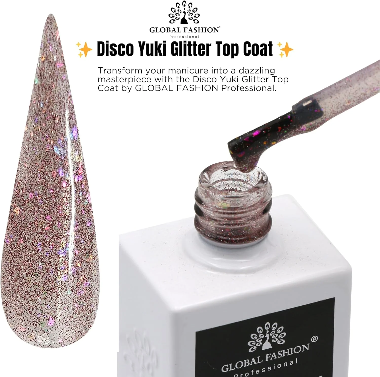 تاپ کت دیزکو یوکی کریستال دایموند گلو، لاک ژل یو وی/ال ای دی، پوشش براق بدون نیاز به دستمال کشیدن، مناسب برای ناخن های طبیعی و اکریلیک (3: رزی کوارتز اسپارکل، 15 میلی لیتر)