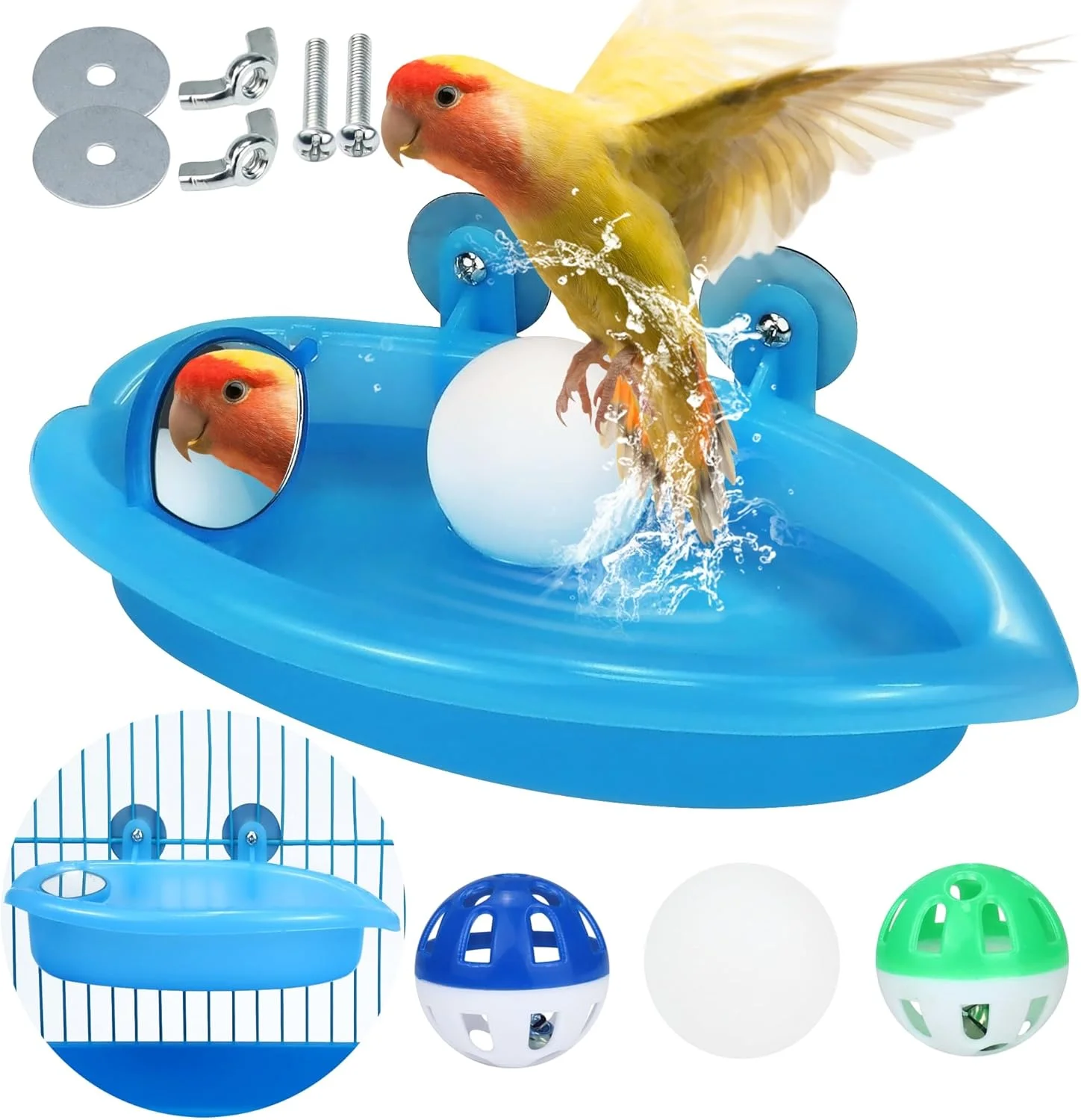 حمام پرنده برای قفس، کاسه آب پرنده، وان حمام مرغ عشق، ظرف غذای پرنده، سینی دوش، وان حمام طوطی، اسباب بازی و لوازم جانبی مرغ عشق برای پرندگان کوچک، قناری، مرغ عشق فنچ (وان حمام با توپ)