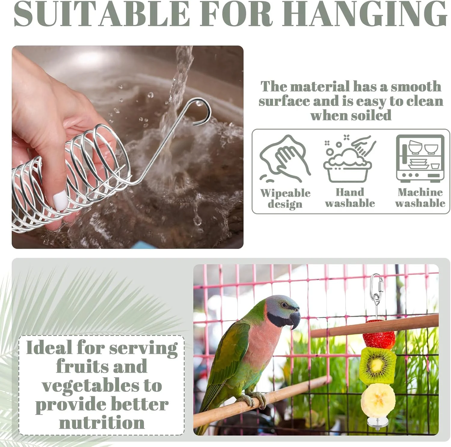 مجموعه 3 عددی نگهدارنده غذای قفس پرنده BELEFU از جنس استیل ضد زنگ، سبد آویز ارزن و سیخ میوه و سبزیجات طوطی، اسباب بازی های تغذیه آهسته برای تغذیه حیوانات خانگی کوچک