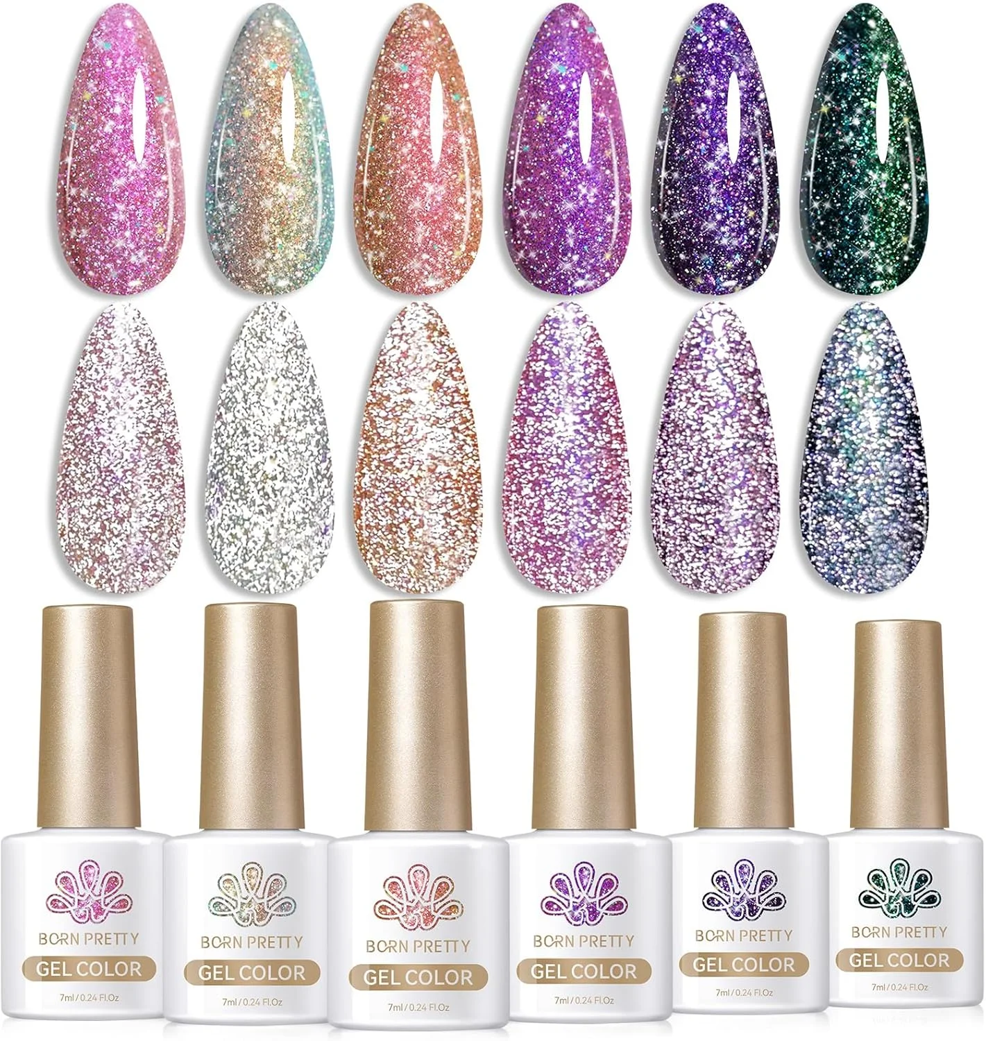 لاک ژل ناخن اکلیلی بازتابنده بورن پریتی، پولک های براق، درخشان، دیسکو دی جی، 6 عددی، 7 میلی لیتر