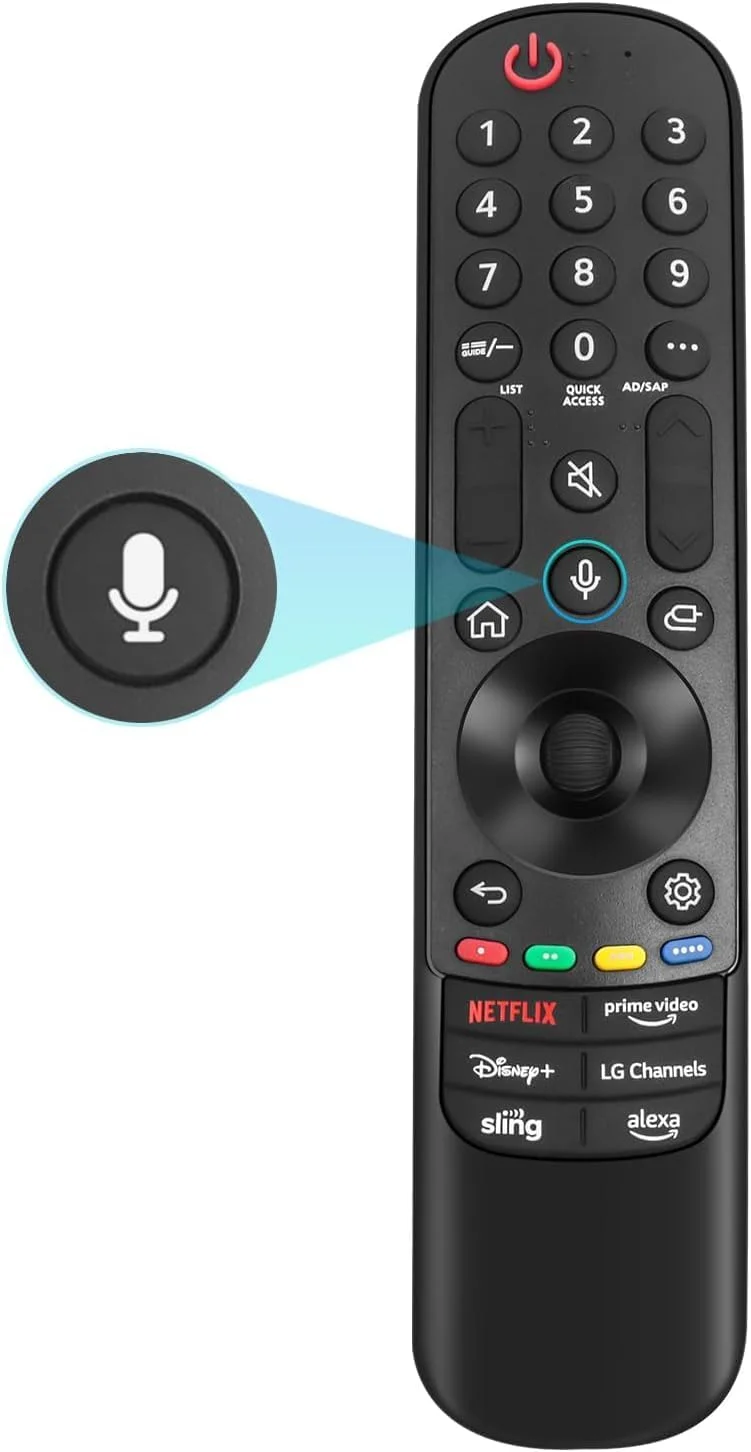 ریموت کنترل جادویی صوتی یونیورسال برای تلویزیون های هوشمند ال جی، جایگزین ریموت جادویی با عملکرد اشاره گر صوتی، کلیک اسکرول و کلیدهای میانبر برای تمام برنامه های محبوب، سازگار با بسیاری از مدل های تلویزیون هوشمند ال جی 2019-2023