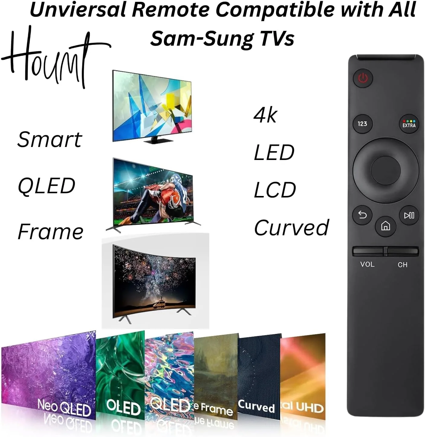 ریموت کنترل جهانی HOUMT سازگار با تلویزیون های سامسونگ، ریموت کنترل جایگزین سازگار با تمام تلویزیون های هوشمند سامسونگ، LED QLED UHD SUHD HDR LCD Frame Curved Solar HDTV 4K 8K 3D