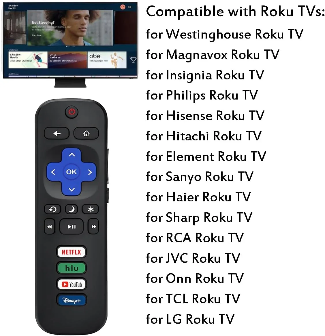 ریموت کنترل تلویزیون یونیورسال سازگار با تمام سری های تلویزیون Roku، جایگزین ریموت کنترل برای تلویزیون های هوشمند Hisense/Onn/TCL/Sharp/Philips/Element/Insignia/Hitachi/JVC R0KU (نه برای RokuStick، Box و Player)