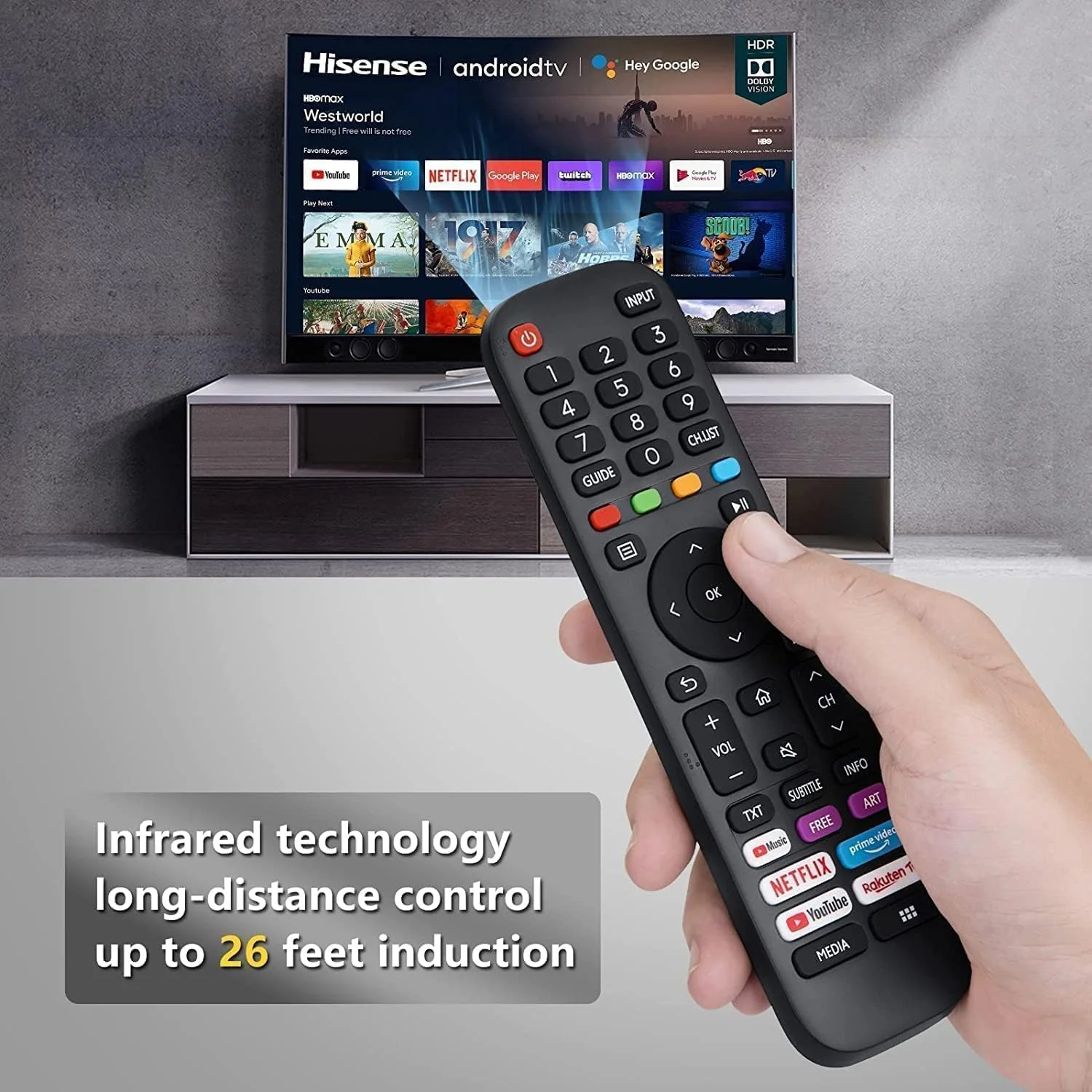 ریموت کنترل هوشمند جهانی تلویزیون، مشکی، سازگار با Hisense VIDAA، دکمه‌های Netflix Prime Video YouTube، دارای راهنمای کانال و کنترل صدا