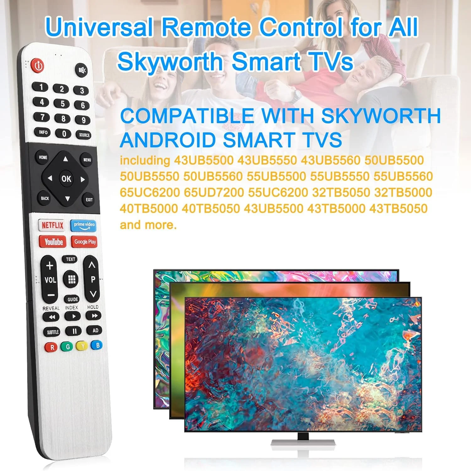 کنترل از راه دور جایگزین Ulcreigo، سازگار با تلویزیون های هوشمند اندروید Skyworth مدل های 43UB5500 50UB5550 55UB5560 65UC6200 65UD7200 32TB5050 40TB5000 43UB5500 [بدون عملکرد صوتی]