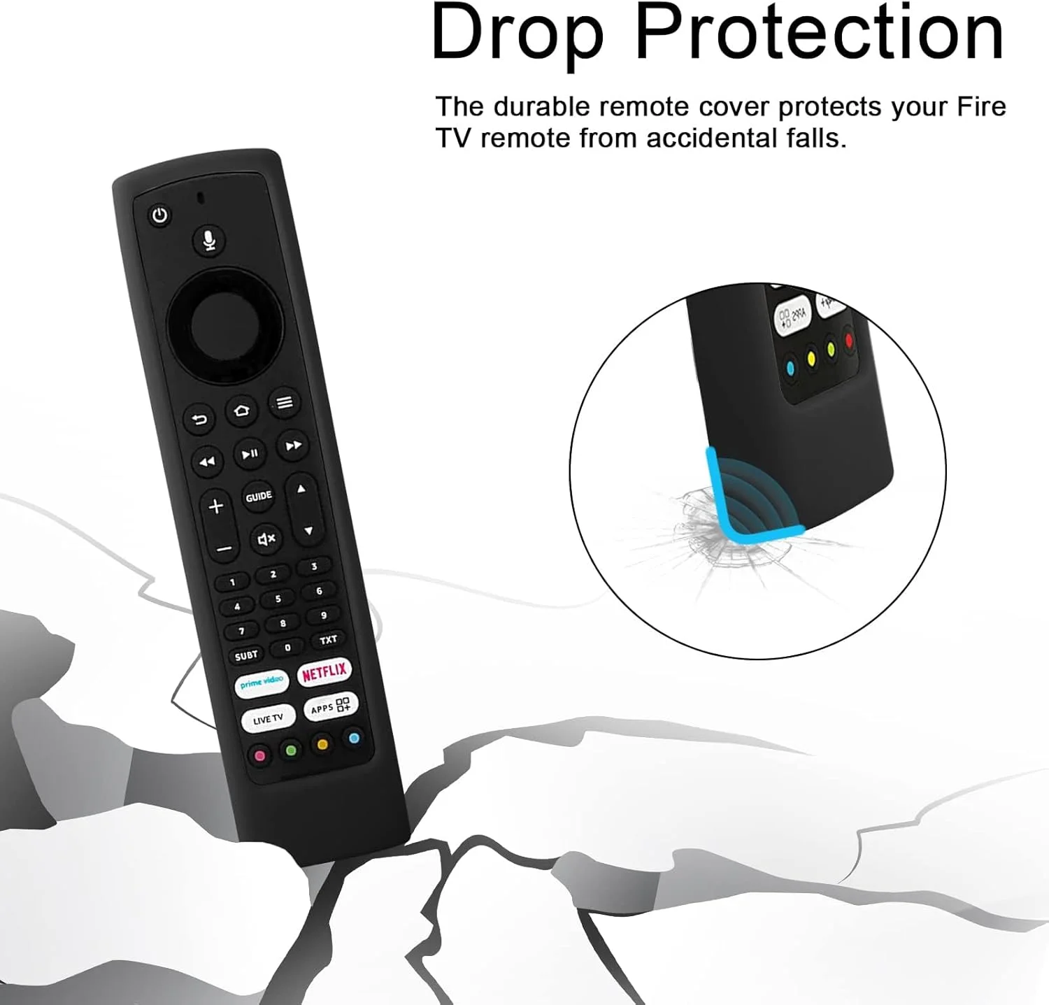 کاور سیلیکونی مشکی ریموت کنترل یونیورسال TERRIFI، ضد ضربه و سازگار با پوست برای ریموت کنترل های صوتی Xiaomi، Bush، Toshiba، JVC Fire TV. ریموت خود را ایمن و شیک نگه دارید