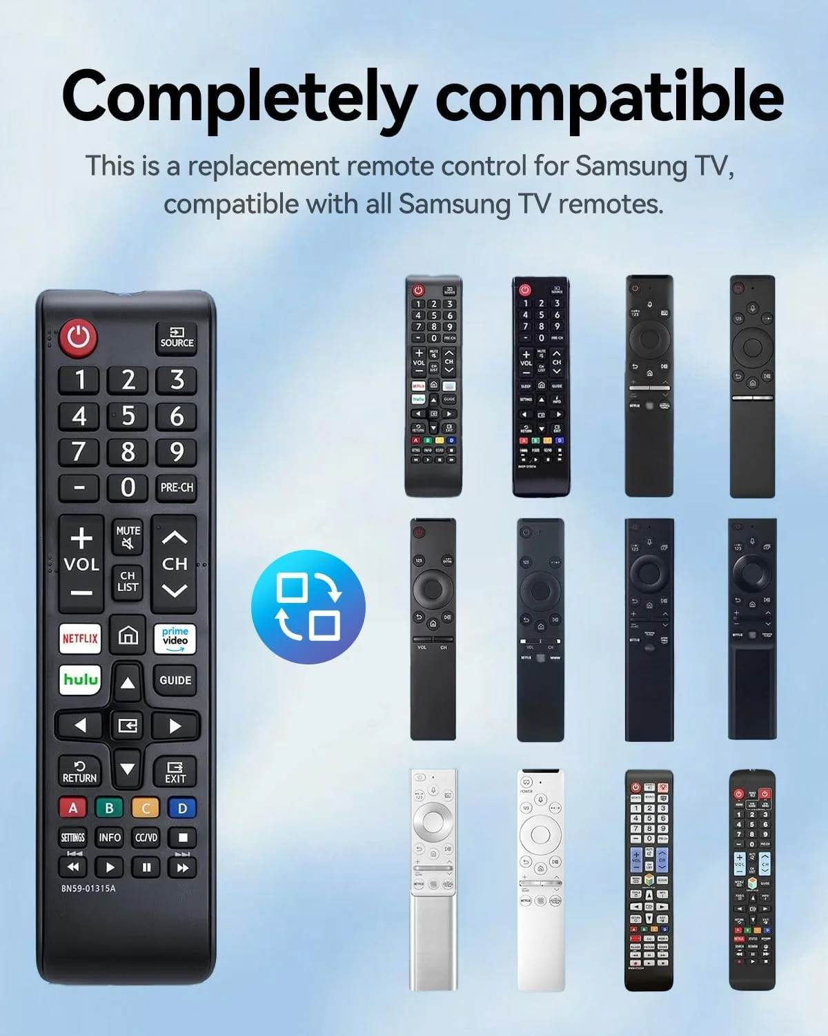 ریموت کنترل جهانی T Tersely سازگار با تلویزیون های هوشمند سامسونگ/LED/LCD/HDTV/4K UHD/سری 3D (TU7000/Q60T/Q70T/Q80T/RU8000) - دارای کلیدهای میانبر Netflix/Prime Video، جایگزین BN59-01315J/E/D