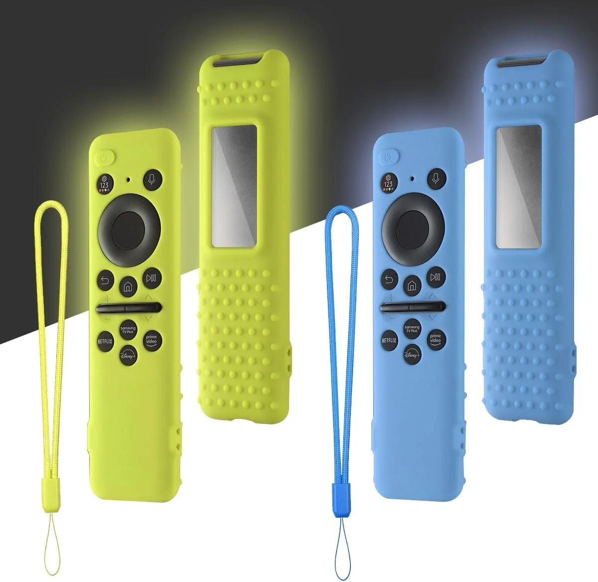 محافظ ریموت کنترل سامسونگ مدل TERRIFI 2023، سازگار با TM2360E / TM2361E BN59-01432A / 01432J، ضد لغزش، مقاوم در برابر ضربه، پوشش محافظ سیلیکونی برای ریموت کنترل تلویزیون هوشمند با سلول خورشیدی (آبی شب‌تاب + سبز شب‌تاب)