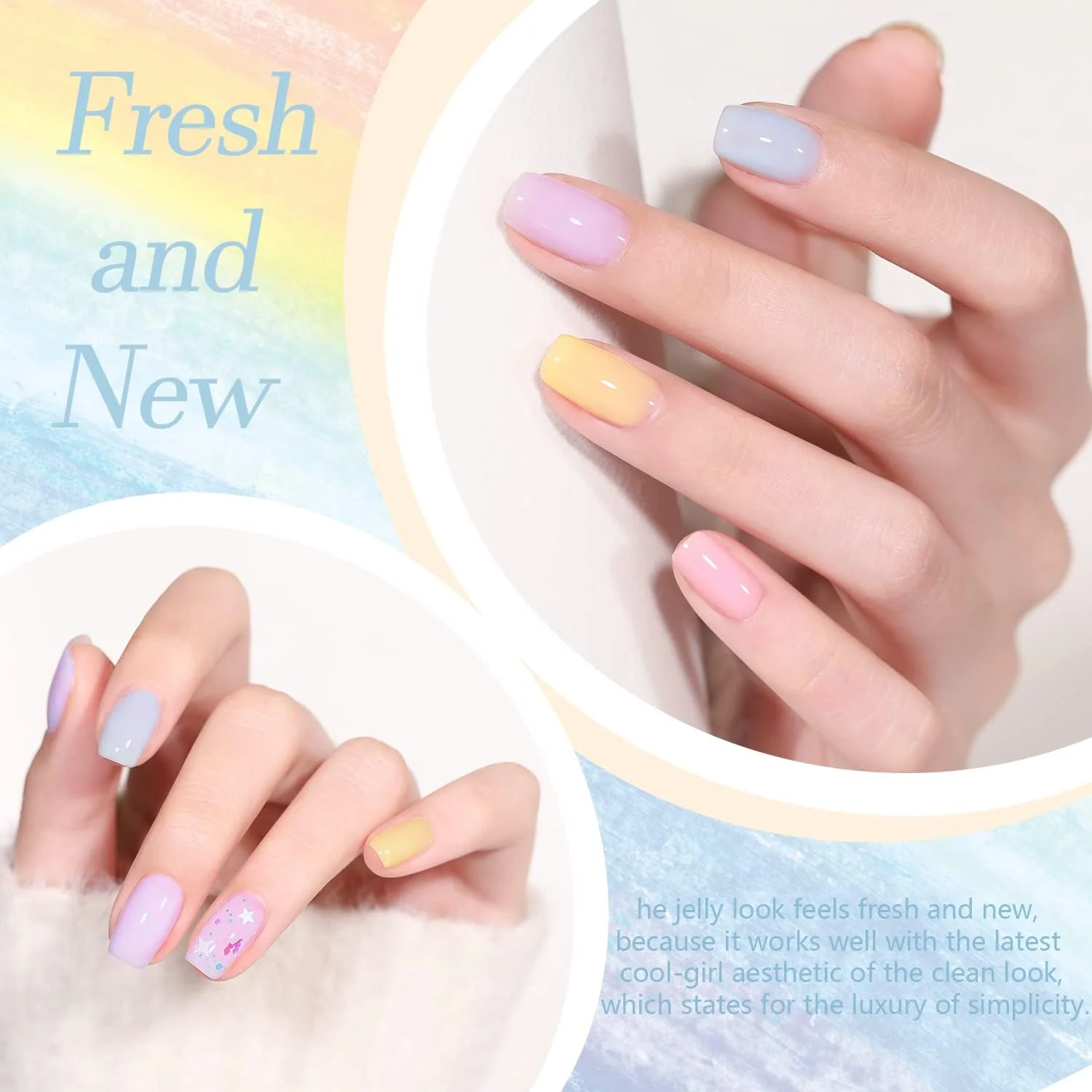 مجموعه لاک ژل ژله ای پاستلی Beautpal، مناسب بهار و تابستان، کیت لاک ژل شیری نیمه شفاف صورتی آبی سبز زرد، لاک ژل UV خیس شونده 7 میلی لیتر 10 عددی