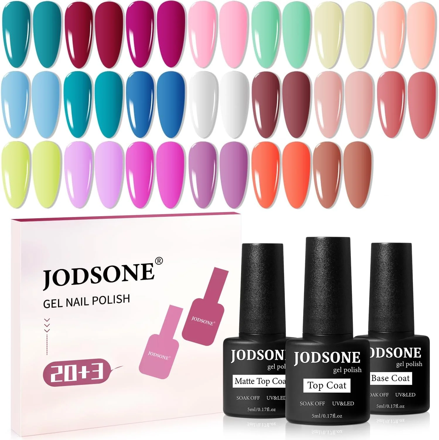 ست لاک ژل 23 عددی JODSONE، مجموعه لاک ژل رنگارنگ، مد روز و کلاسیک، شامل 3 بطری بیس کت، تاپ کت مات و براق ست لاک ژل 23 عددی JODSONE، مجموعه لاک ژل رنگارنگ، مد روز و کلاسیک، شامل 3 بطری بیس کت، تاپ کت مات و براق