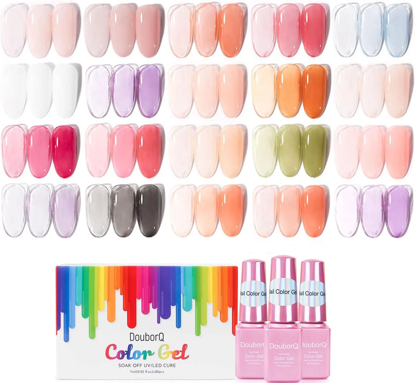 ست لاک ژل کریستالی ژله ای ۲۰ رنگ DouborQ، شامل رنگ های صورتی کالباسی، قرمز، بنفش، سفید، مشکی، سبز و نارنجی، مناسب برای خیساندن ناخن ست لاک ژل کریستالی ژله ای ۲۰ رنگ DouborQ، شامل رنگ های صورتی کالباسی، قرمز، بنفش، سفید، مشکی، سبز و نارنجی، مناسب برای خیساندن ناخن