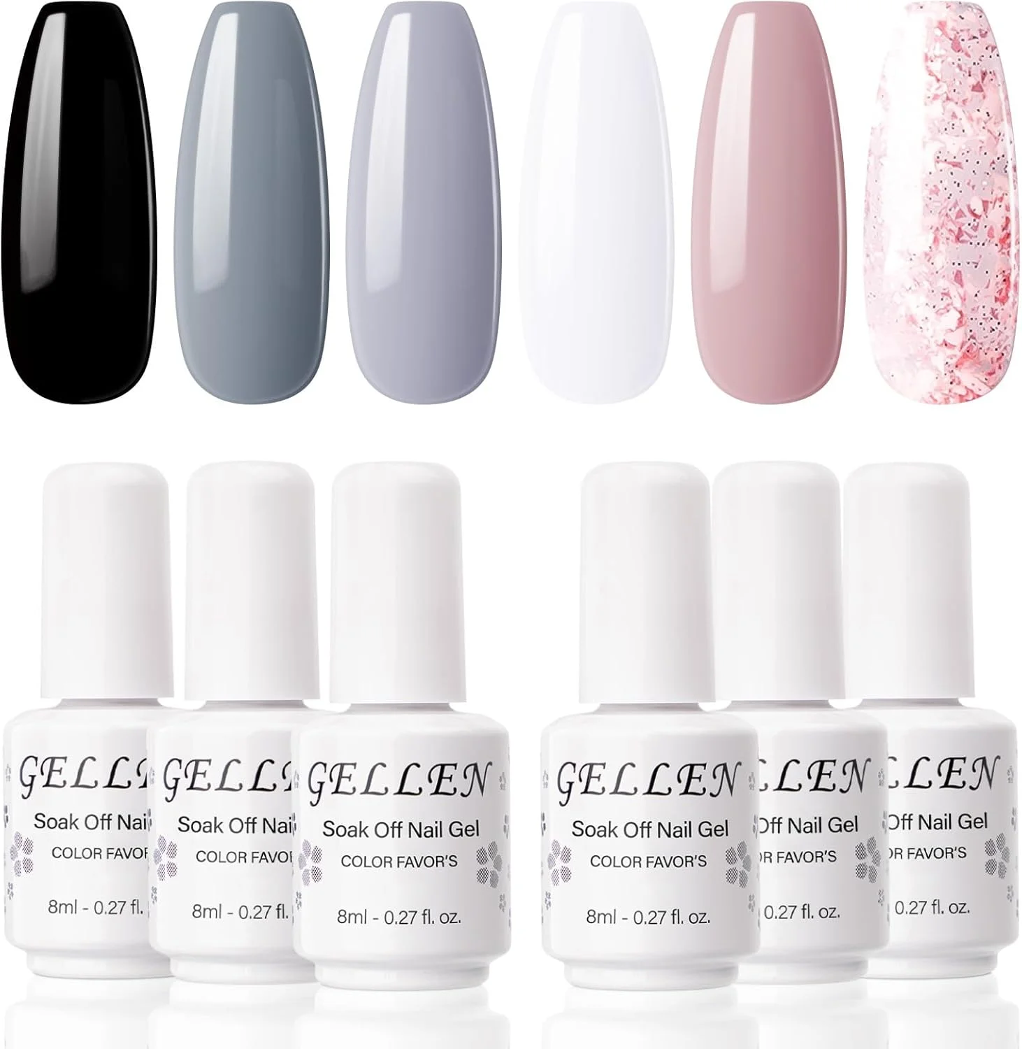 مجموعه لاک ژل 6 رنگ Gellen - سری مجلل و شیک، رنگ های زیبای طراحی ناخن مشکی سفید طوسی پاستیلی صورتی اکلیلی مجموعه لاک ژل 6 رنگ Gellen - سری مجلل و شیک، رنگ های زیبای طراحی ناخن مشکی سفید طوسی پاستیلی صورتی اکلیلی