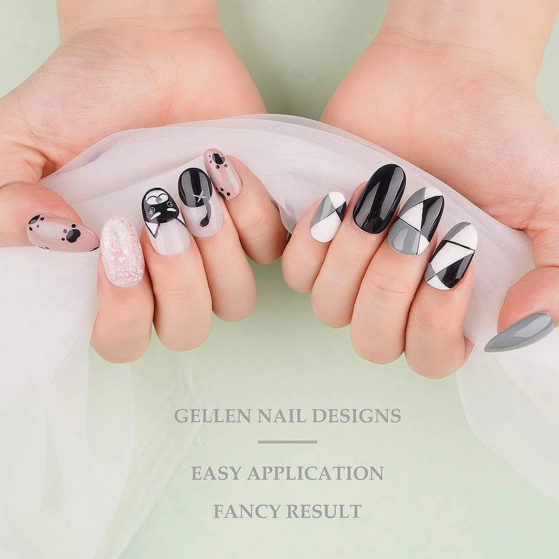 مجموعه لاک ژل 6 رنگ Gellen - سری مجلل و شیک، رنگ های زیبای طراحی ناخن مشکی سفید طوسی پاستیلی صورتی اکلیلی