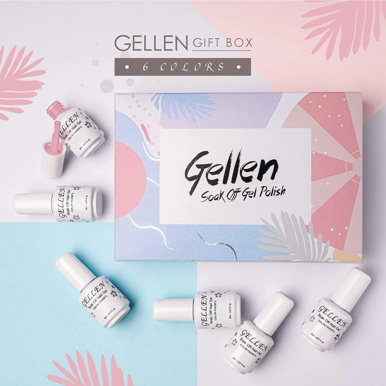 مجموعه لاک ژل 6 رنگ Gellen - سری مجلل و شیک، رنگ های زیبای طراحی ناخن مشکی سفید طوسی پاستیلی صورتی اکلیلی