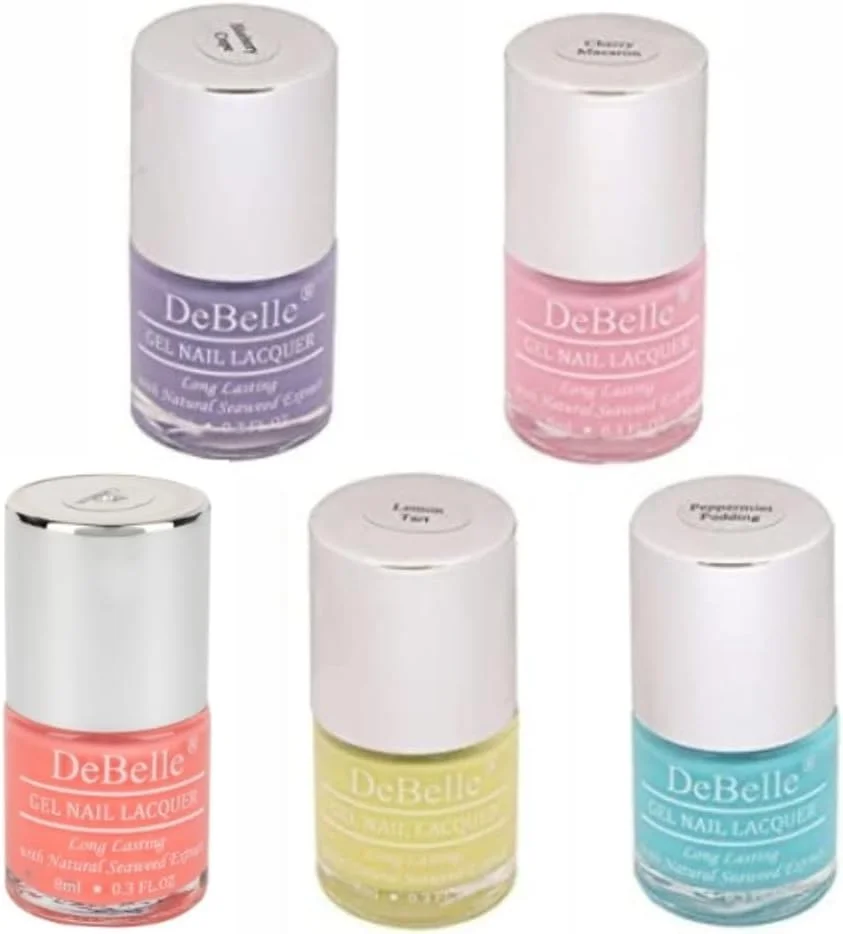 مجموعه لاک ژل ناخن 5 عددی DeBelle با طعم آب نبات اسکیتیز - کرپ بلوبری (اسطوخودوس), ماکارون گیلاس (صورتی پودری), گل میخک (لاک صورتی رژگونه), تارت لیمو (زرد لیمویی), پودینگ نعناع (نعنایی) مجموعه لاک ژل ناخن 5 عددی DeBelle با طعم آب نبات اسکیتیز - کرپ بلوبری (اسطوخودوس), ماکارون گیلاس (صورتی پودری), گل میخک (لاک صورتی رژگونه), تارت لیمو (زرد لیمویی), پودینگ نعناع (نعنایی)