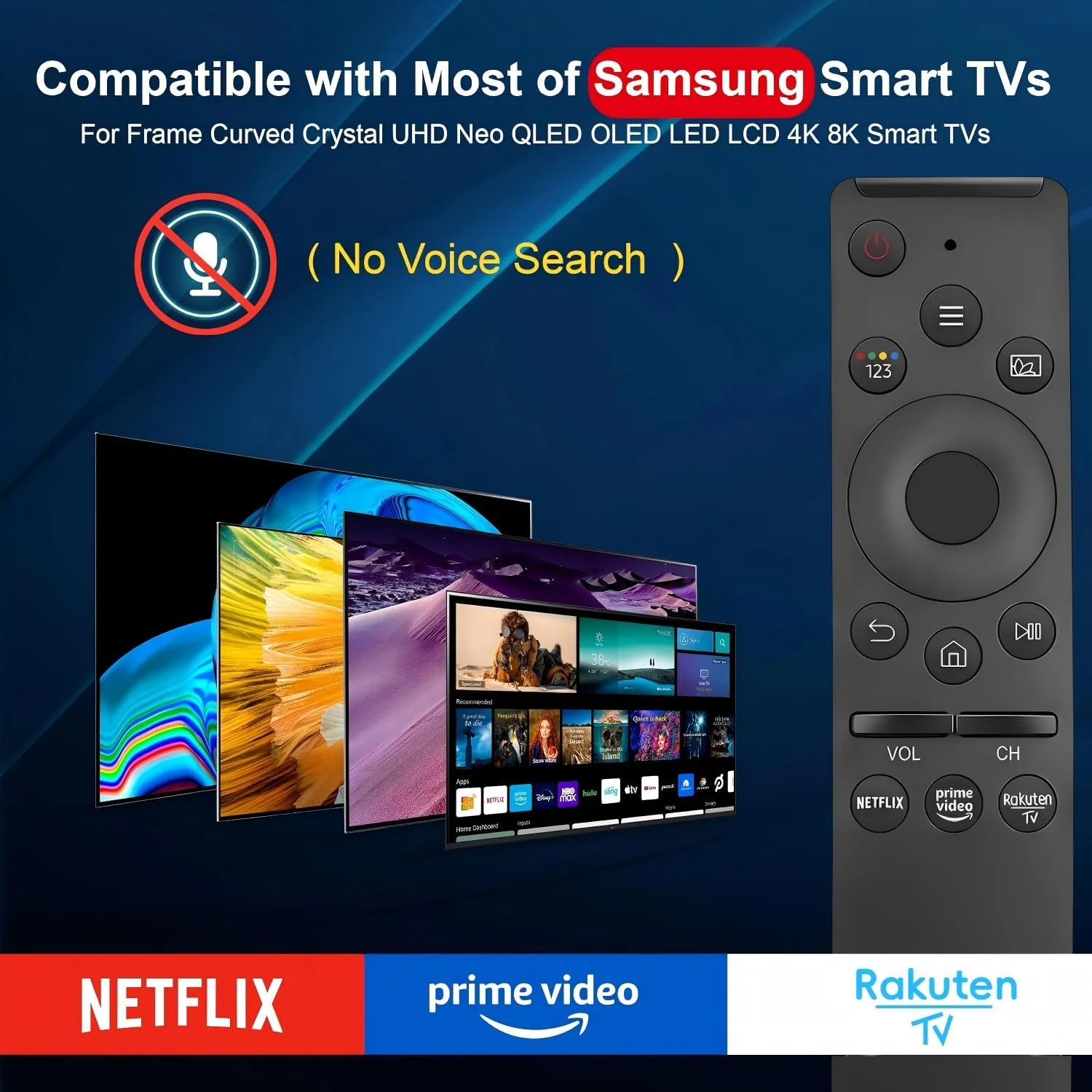 ریموت کنترل جایگزین جدید برای تلویزیون سامسونگ، ریموت کنترل با دکمه های اختصاصی برای نتفلیکس، پرایم ویدیو و غیره - سازگار با تلویزیون های 4K UHD خمیده QLED و سایر مدل ها