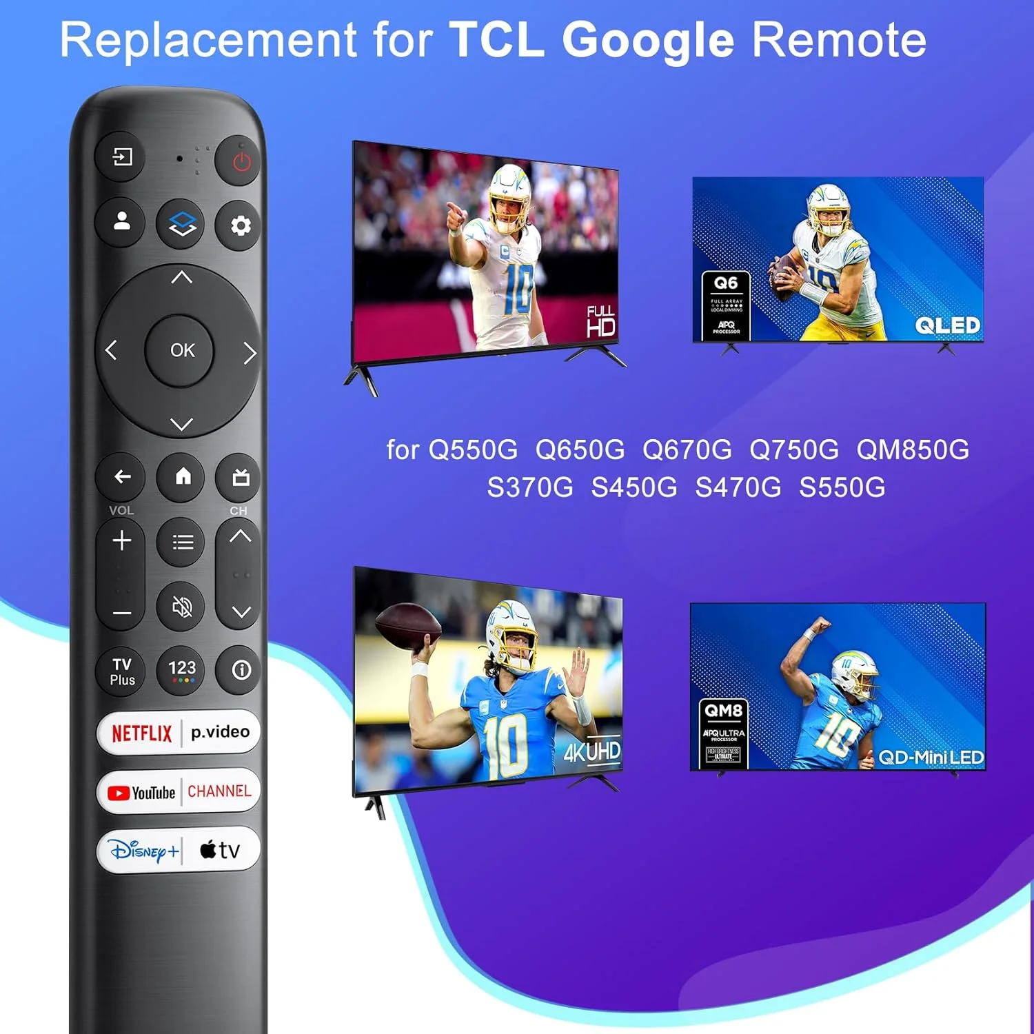 ریموت کنترل جایگزین برای تلویزیون های هوشمند گوگل TCL، ریموت کنترل جهانی برای تلویزیون های هوشمند 4K QLED گوگل TCL مدل های QM8/QM7/Q7/Q6/Q5/S5/S4/S3 - (نه برای تلویزیون های Fie/Roku)